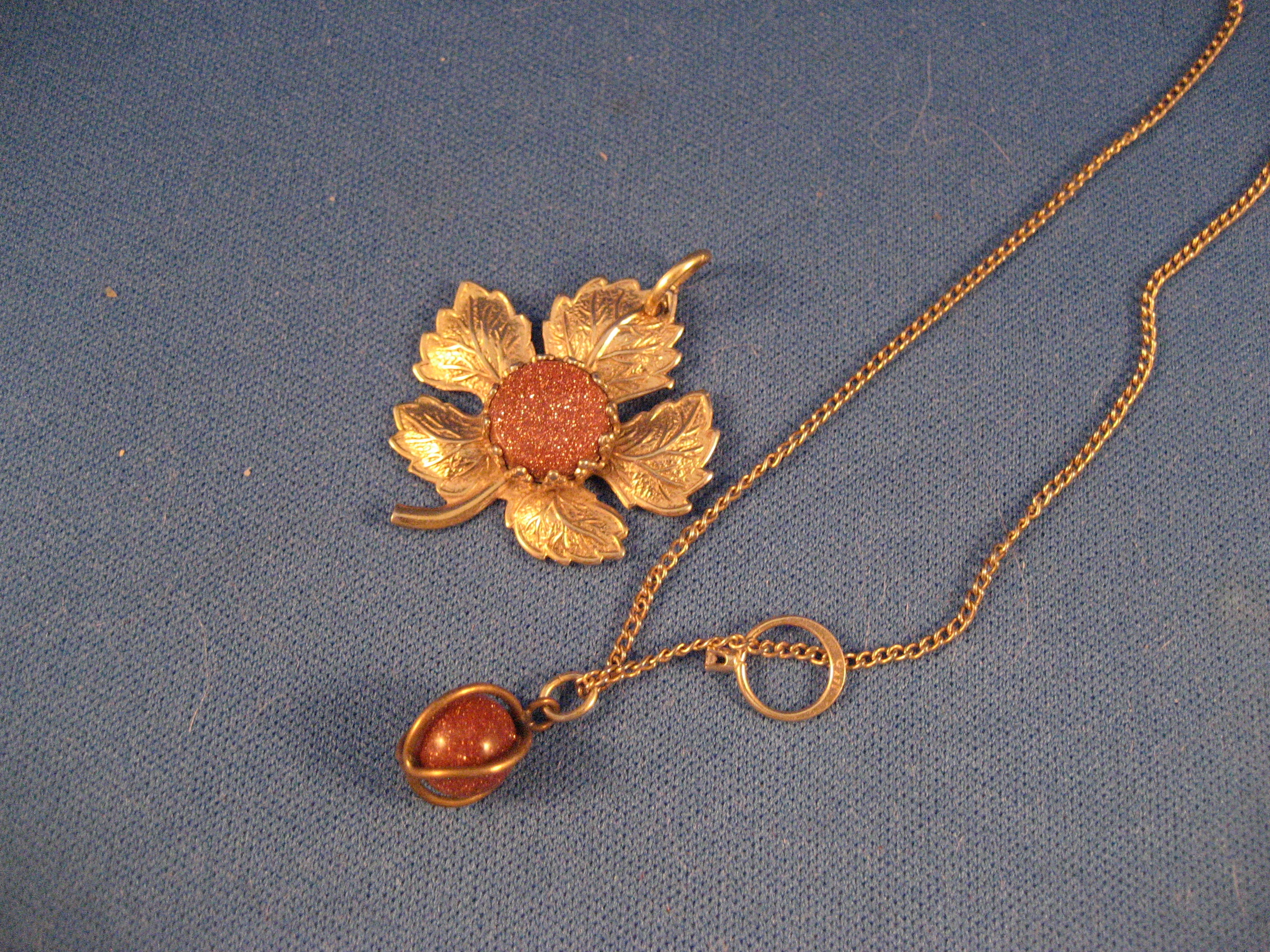 Goldtone Flower and Ball Necklace with Miniature 14KT Ring