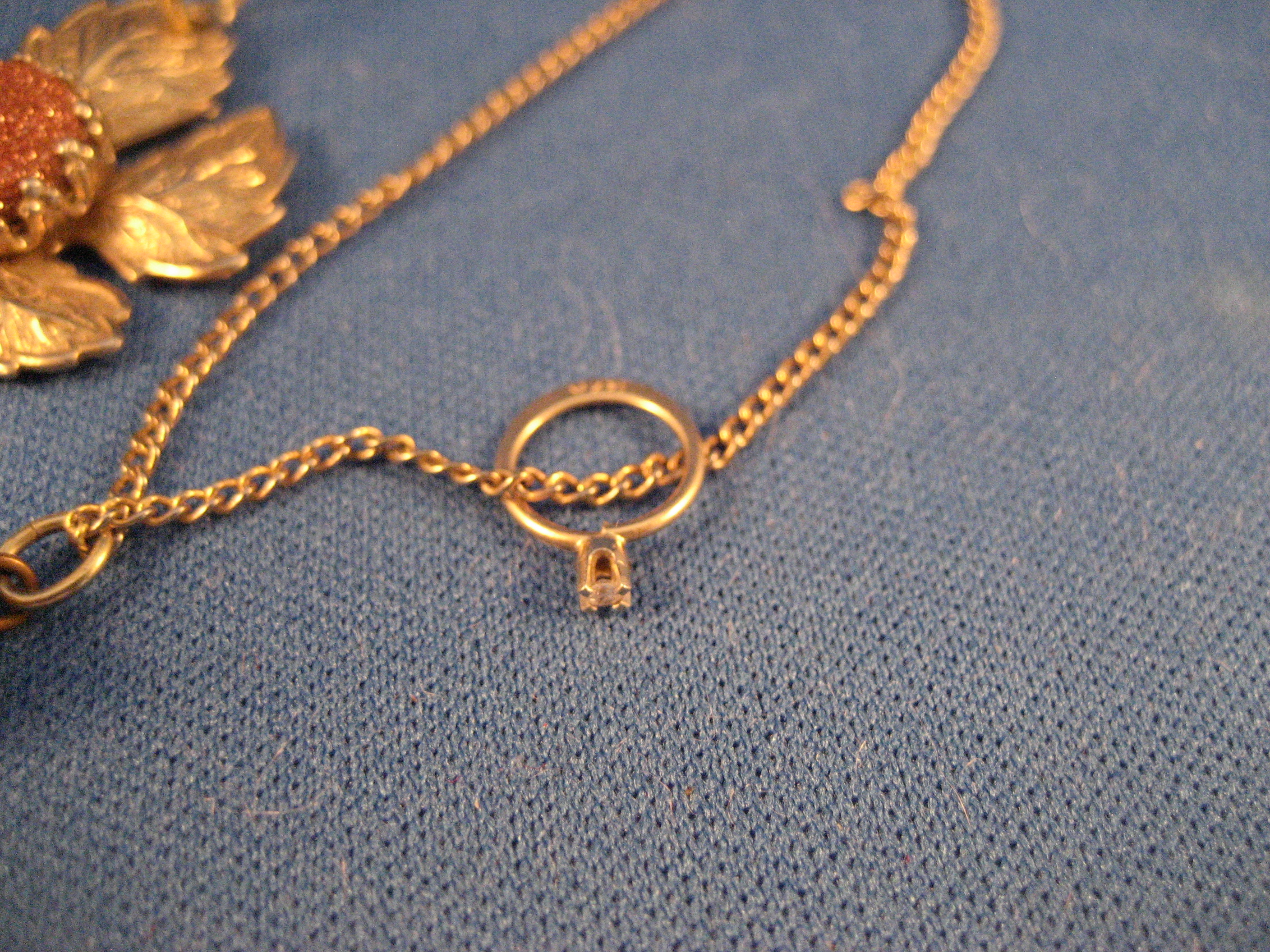 Goldtone Flower and Ball Necklace with Miniature 14KT Ring