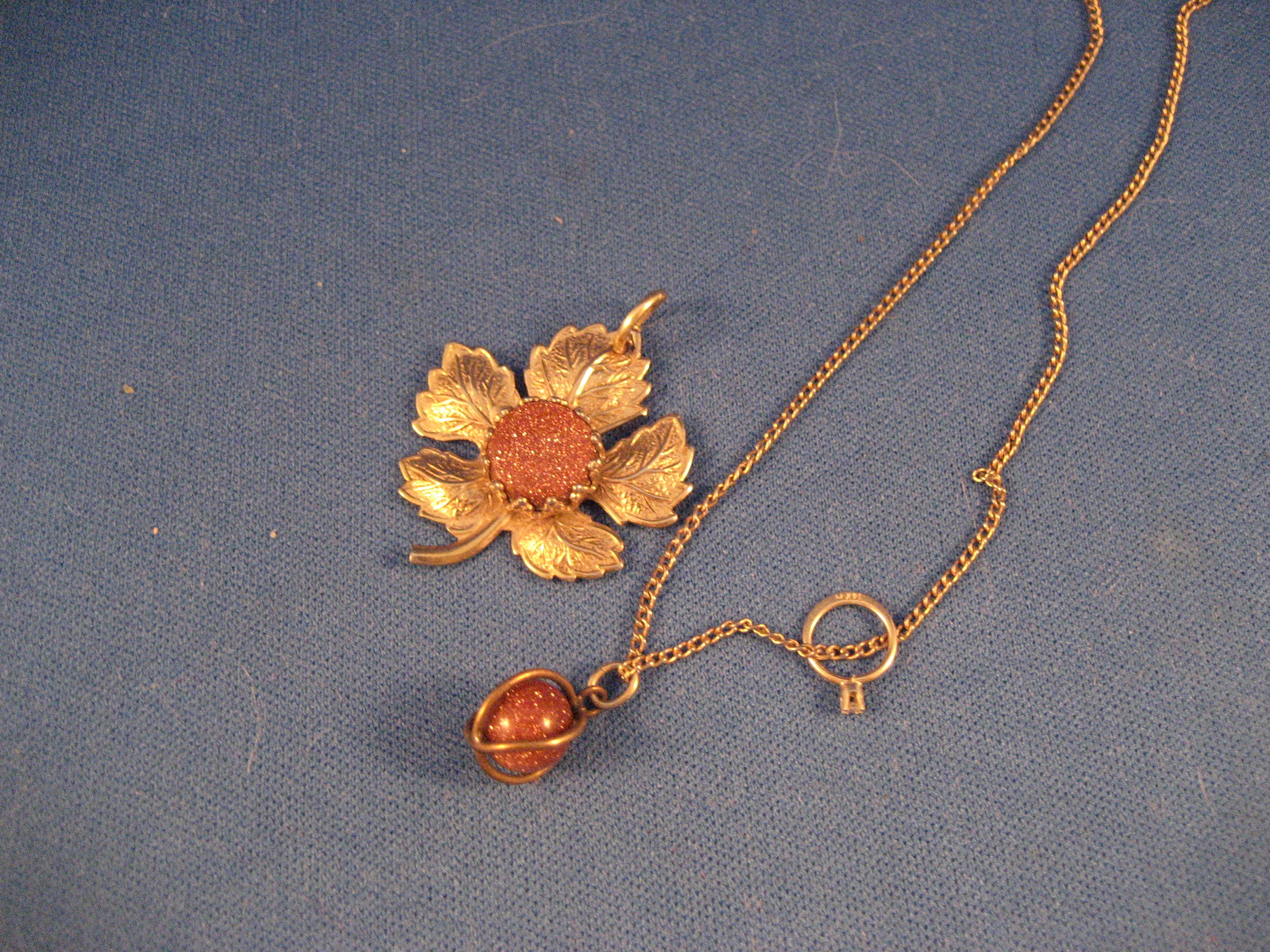 Goldtone Flower and Ball Necklace with Miniature 14KT Ring