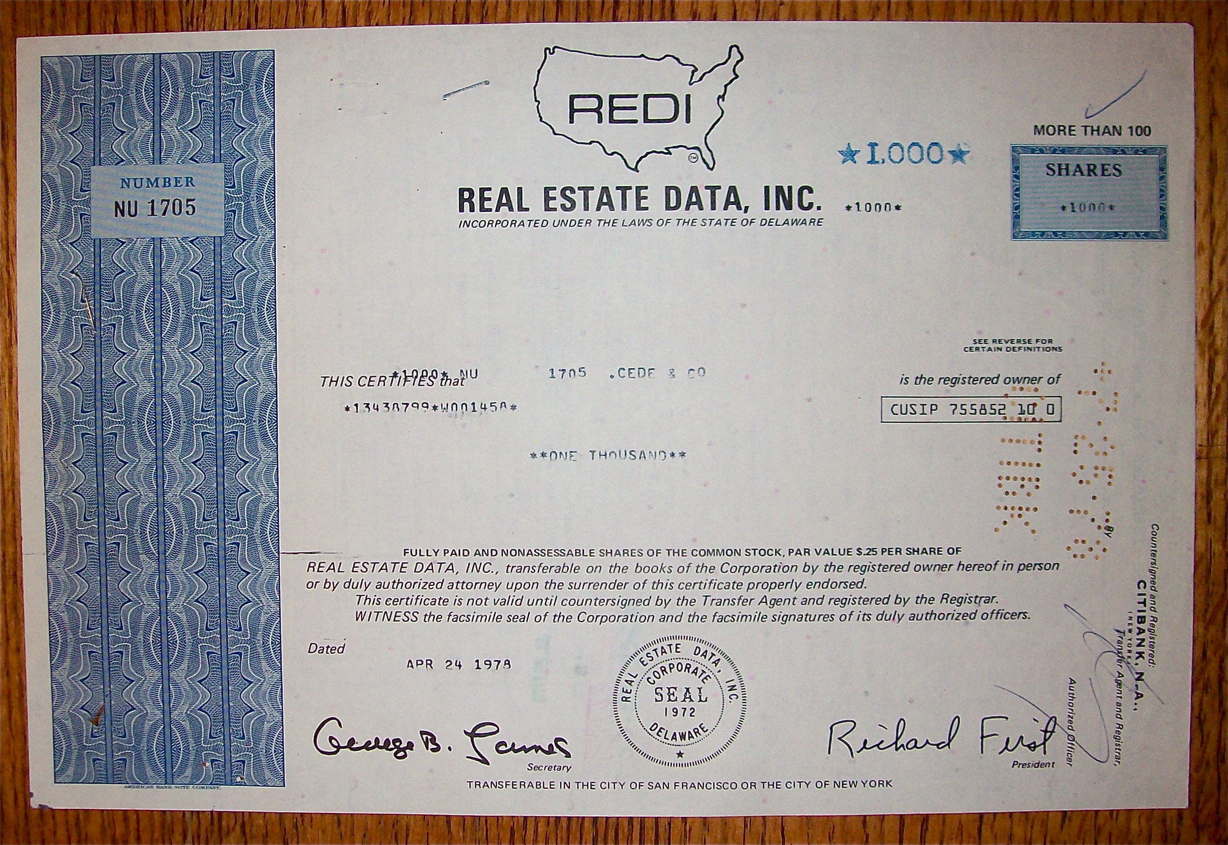 1978 Real Estate Data Inc. Stock Certificate