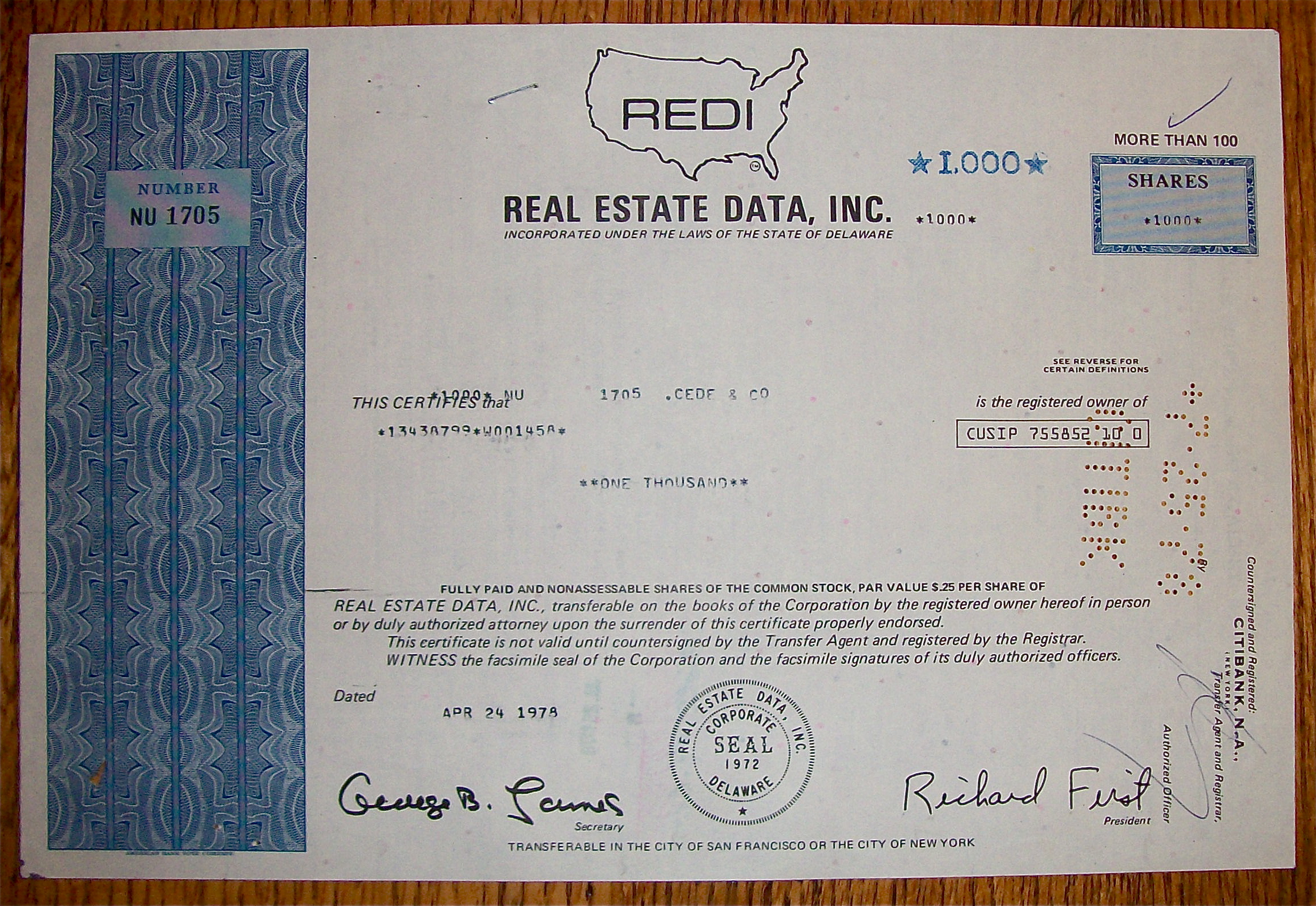 1978 Real Estate Data Inc. Stock Certificate