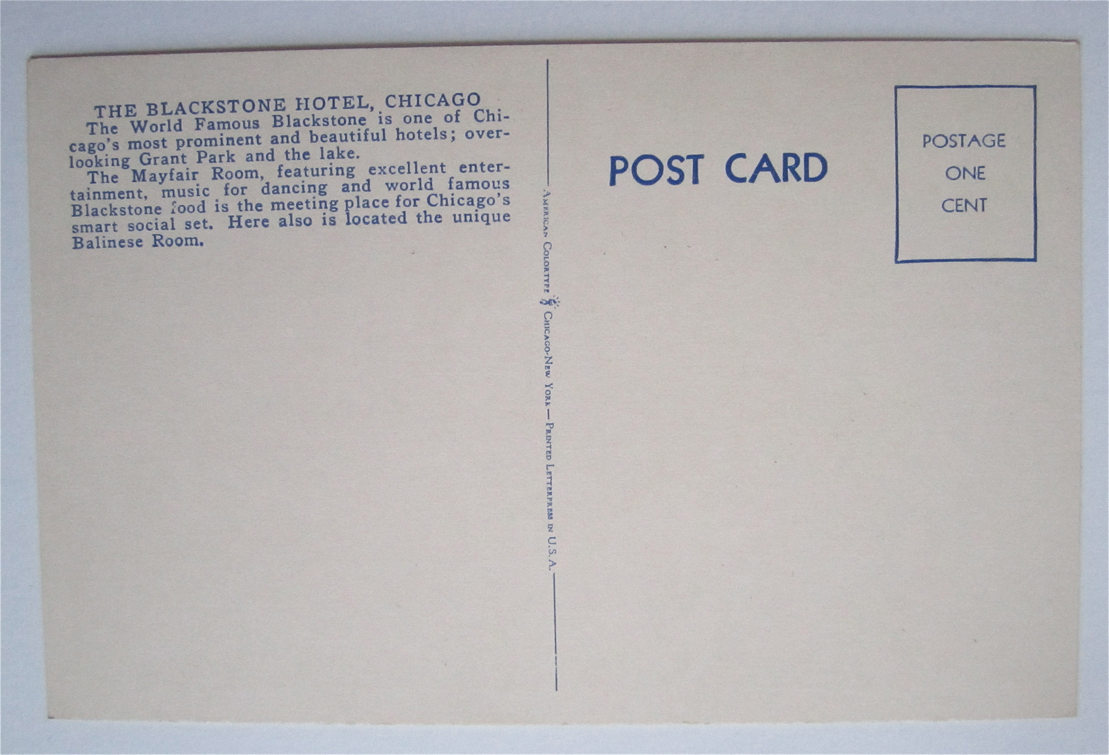 Blackstone Hotel, Chicago Postcard