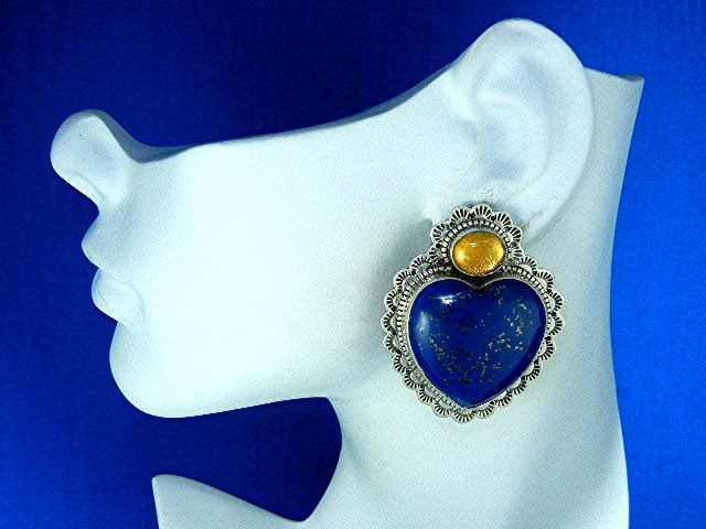 David Troutman Sterling Silver Lapis Amber Heart Earrin