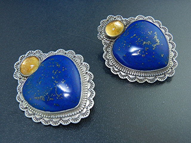 David Troutman Sterling Silver Lapis Amber Heart Earrin