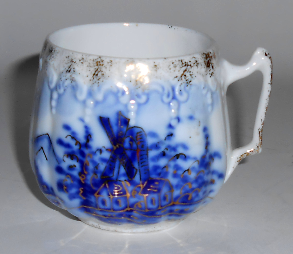 Flow Blue China Demitasse Cup Windmill W/Gold