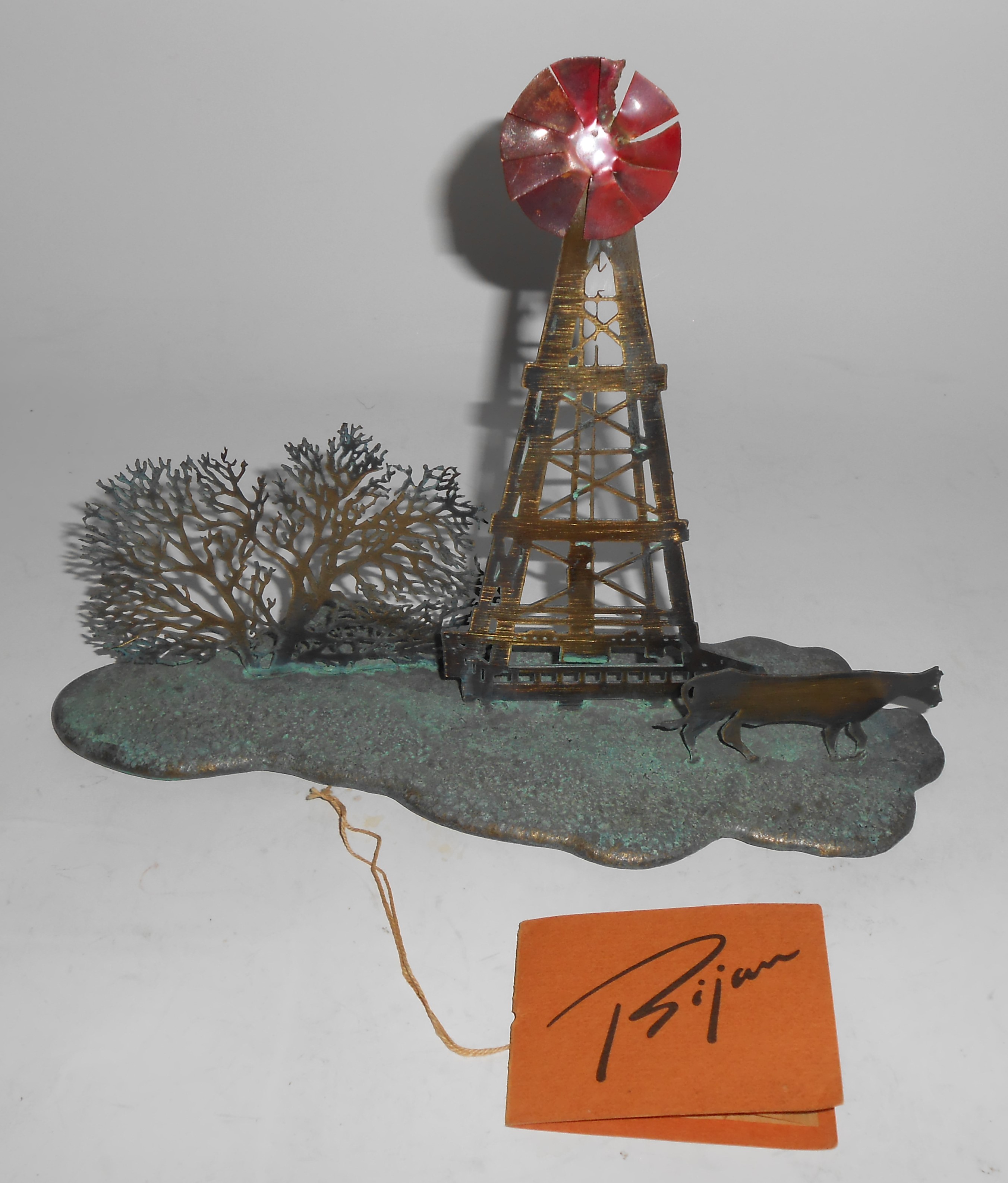Bijan Art Metal Western Cow/Windmill/Tree Sculpture