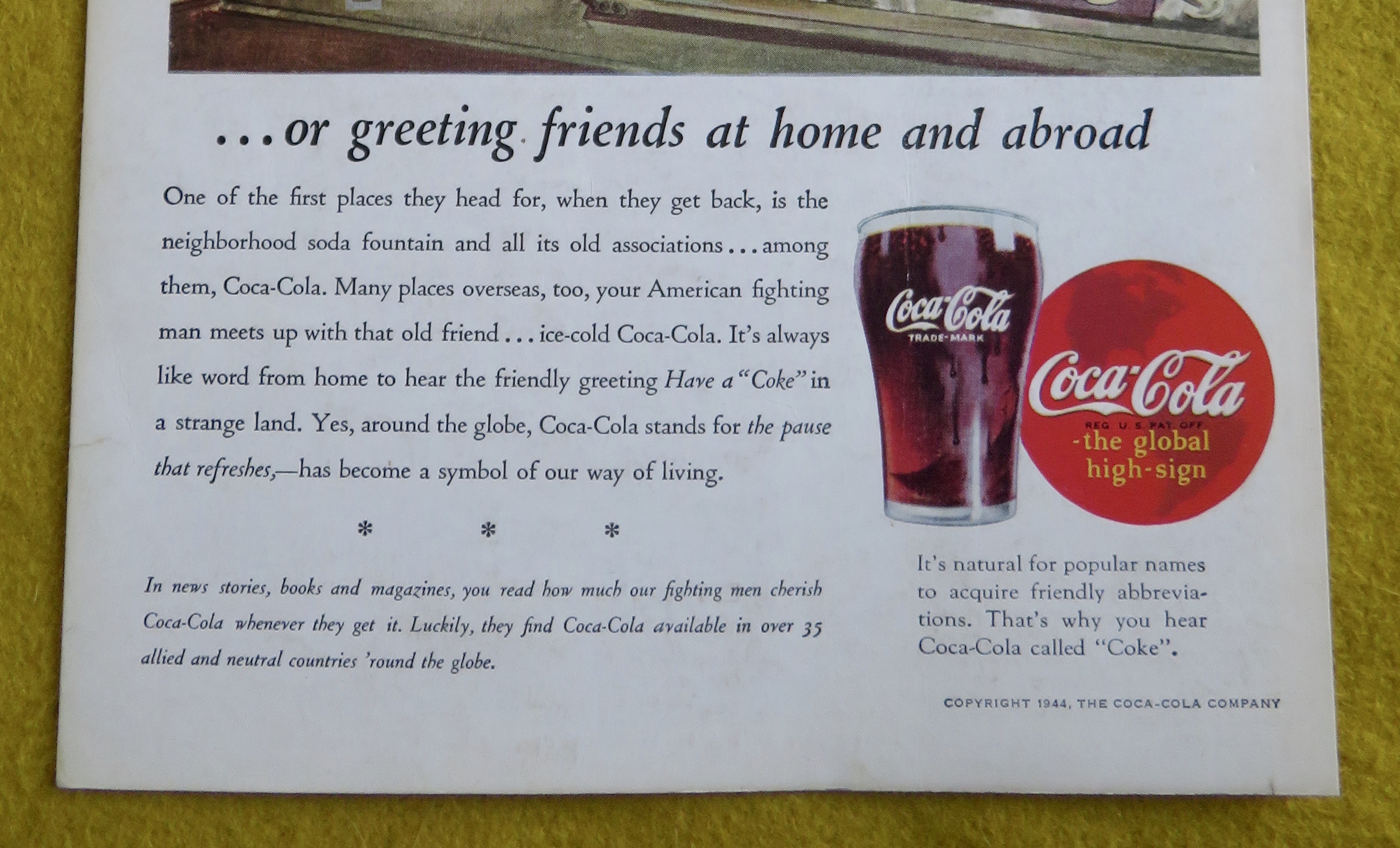 1944 Coca Cola (Coke) with a Soldier Talking to a Boy