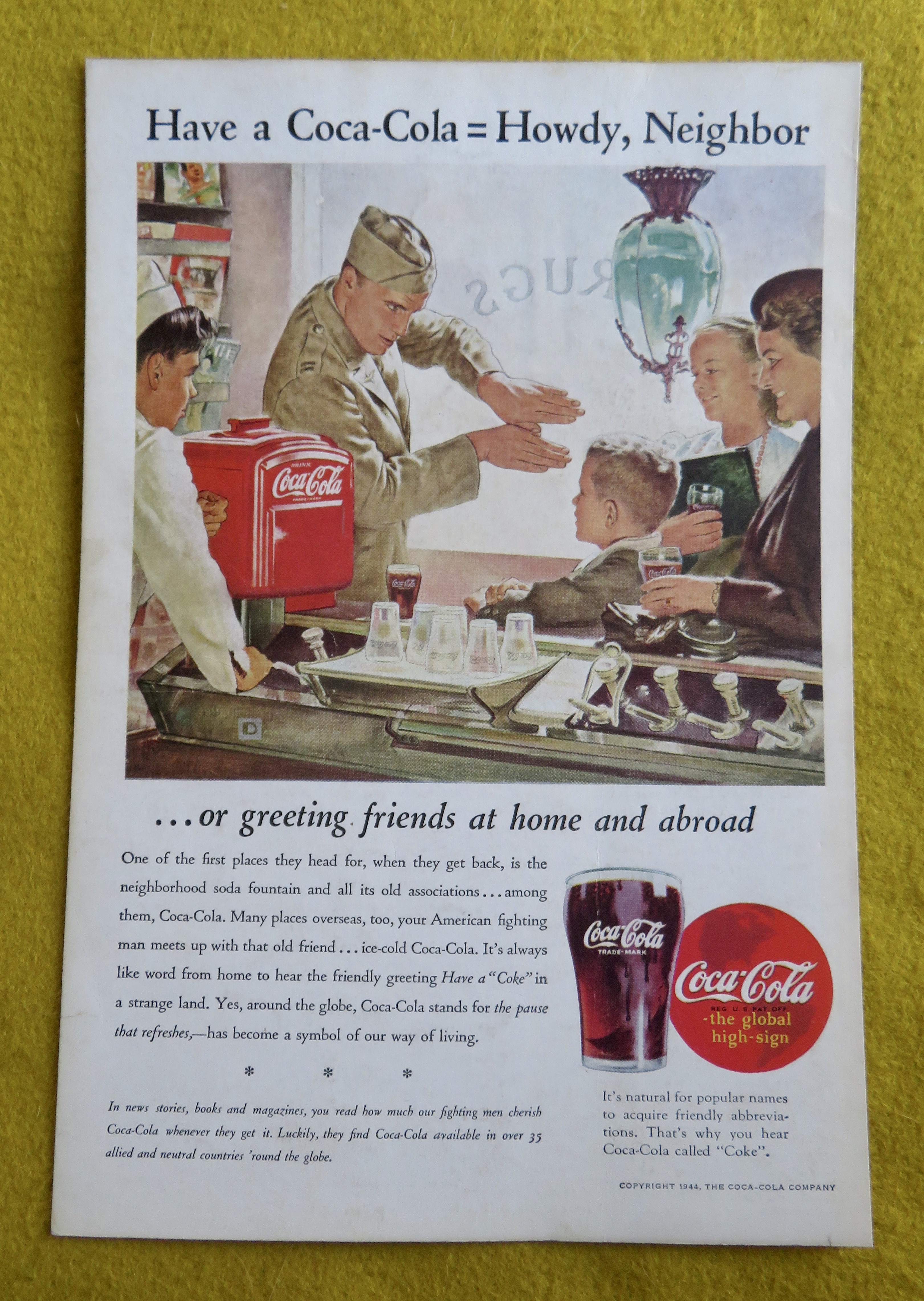 1944 Coca Cola (Coke) with a Soldier Talking to a Boy