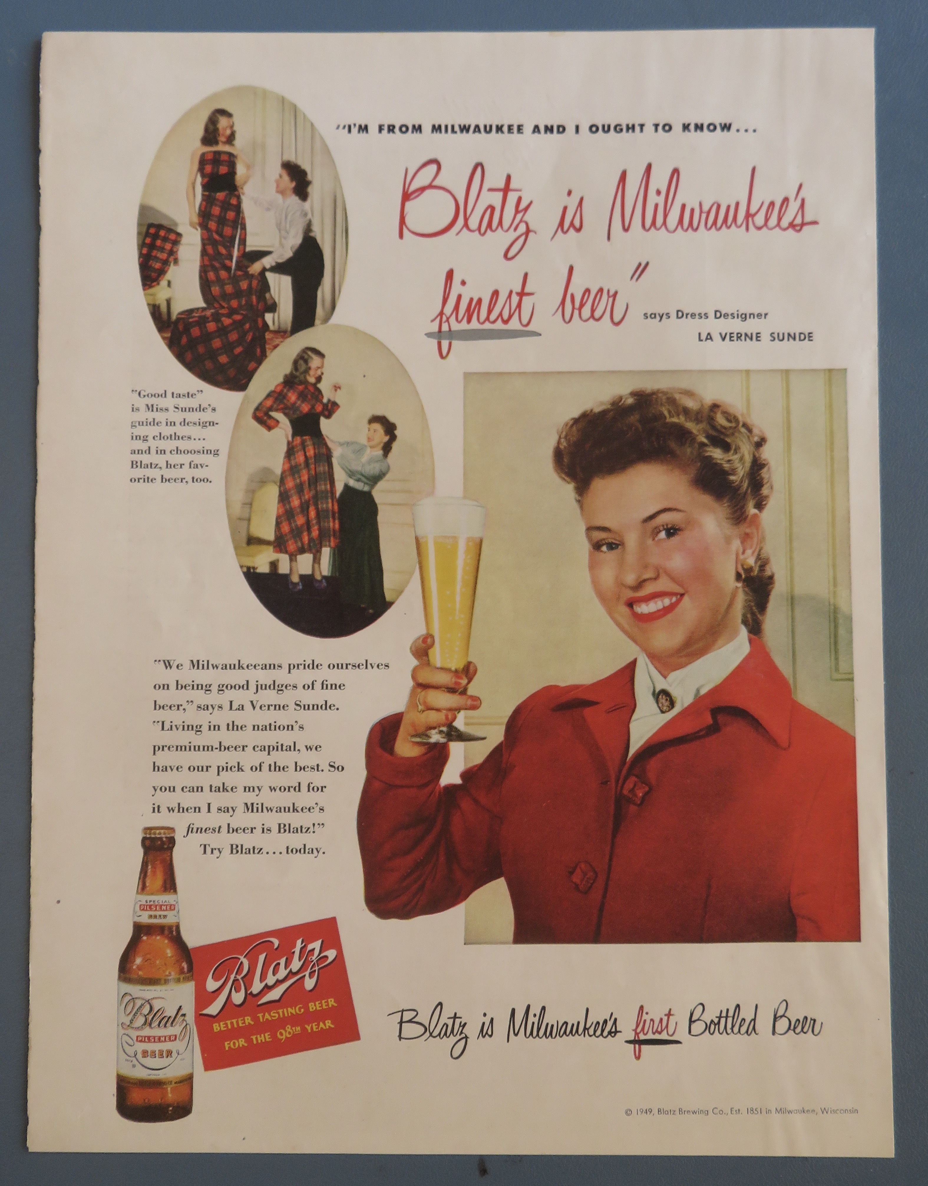 1949 Blatz Beer with Dress Designer La Verne Sunde