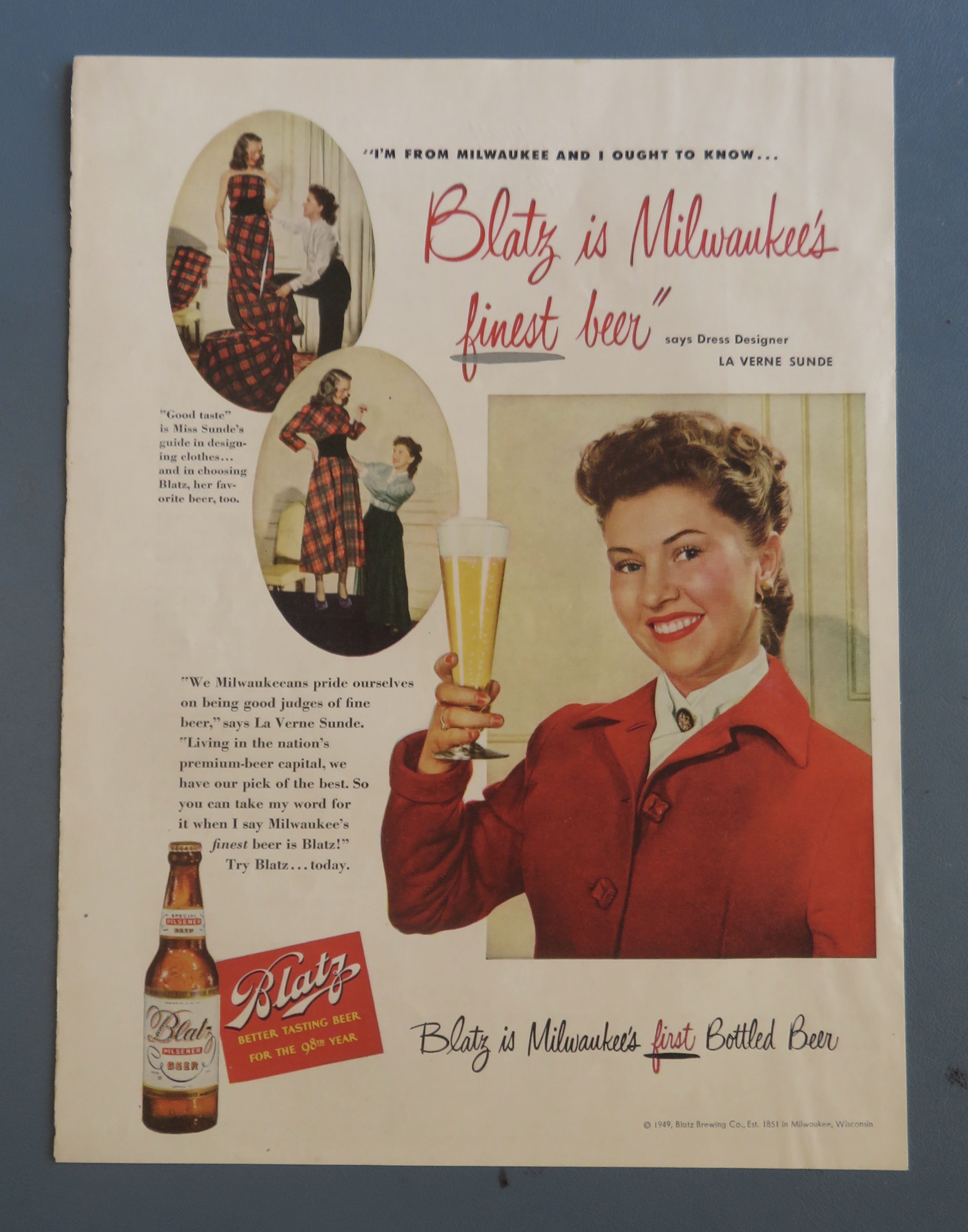1949 Blatz Beer with Dress Designer La Verne Sunde