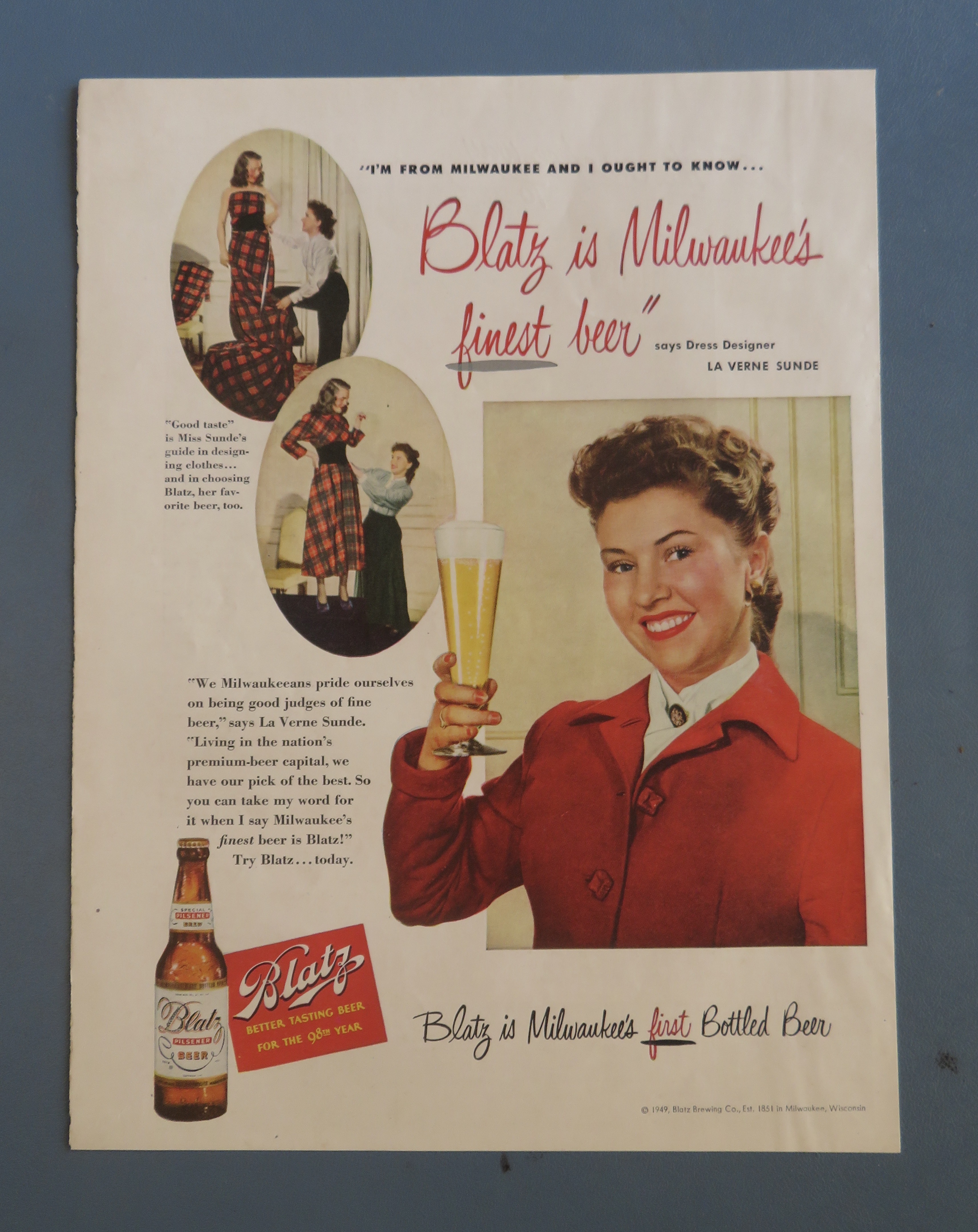 1949 Blatz Beer with Dress Designer La Verne Sunde