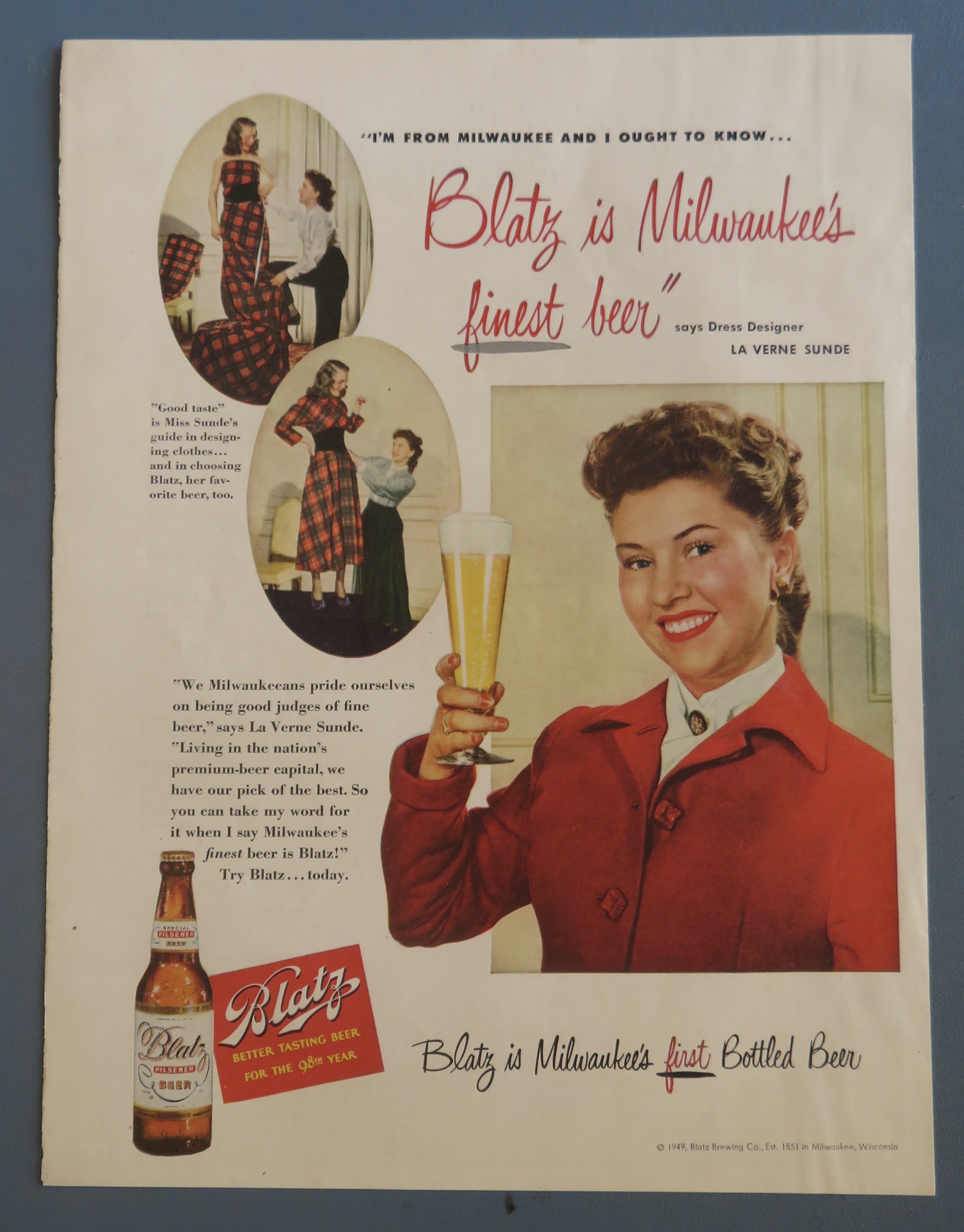 1949 Blatz Beer with Dress Designer La Verne Sunde