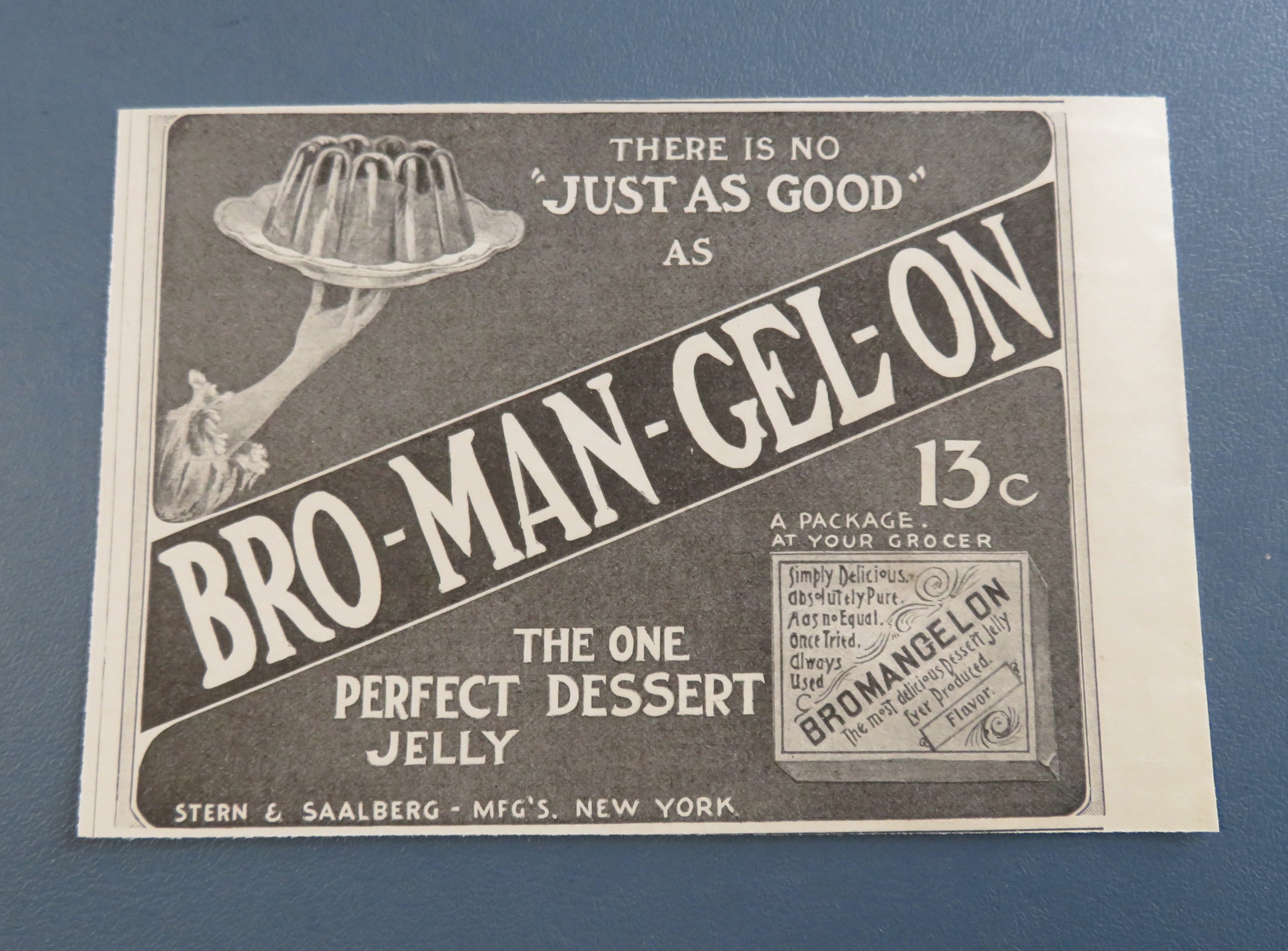 1904 Bro Man Gel On with Hand Holding Jell-O Mold