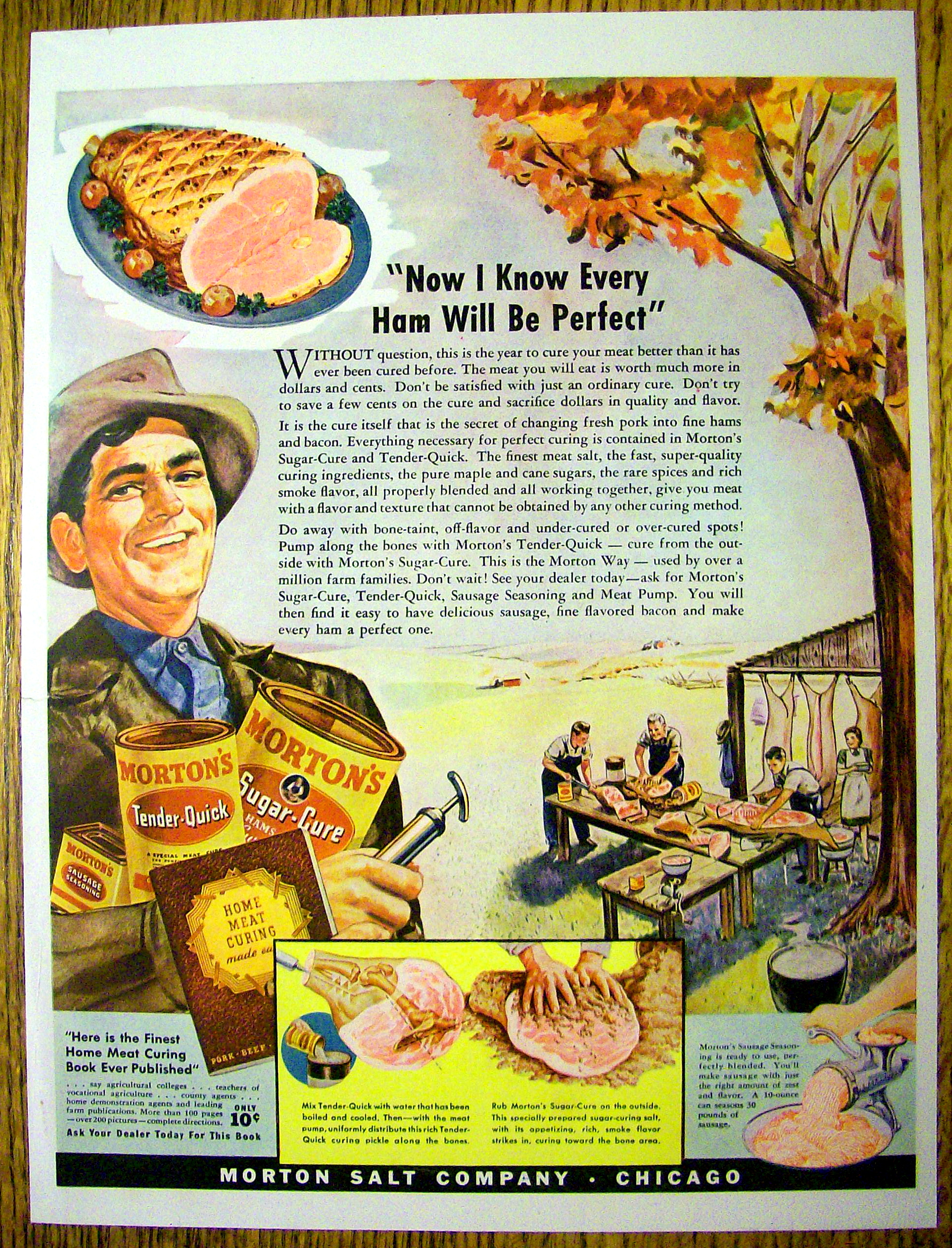 1942 Morton's Sugar Cure Ham with Man Holding Cans