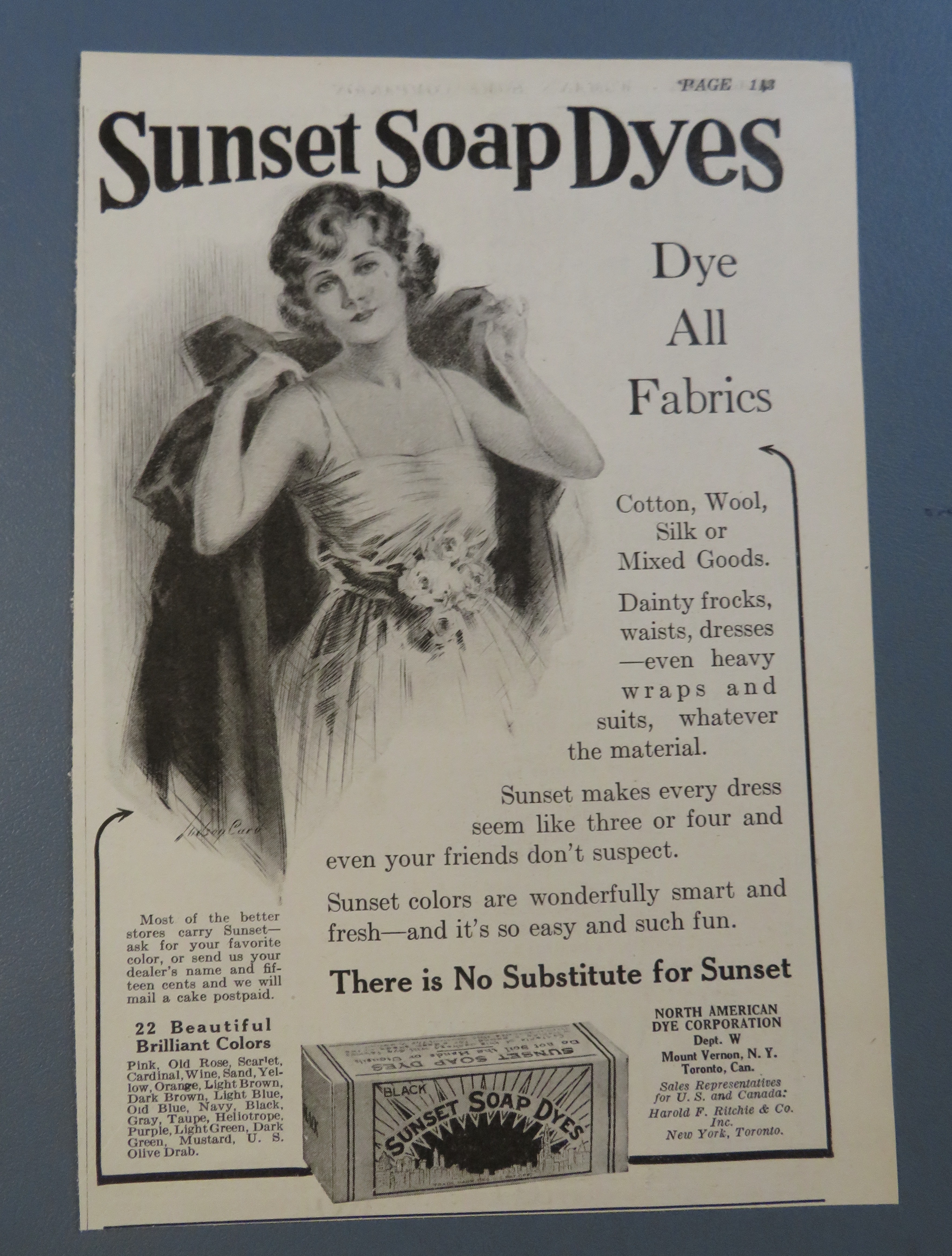 1920 Sunset Soap Dyes with Woman Putting On Her Coat