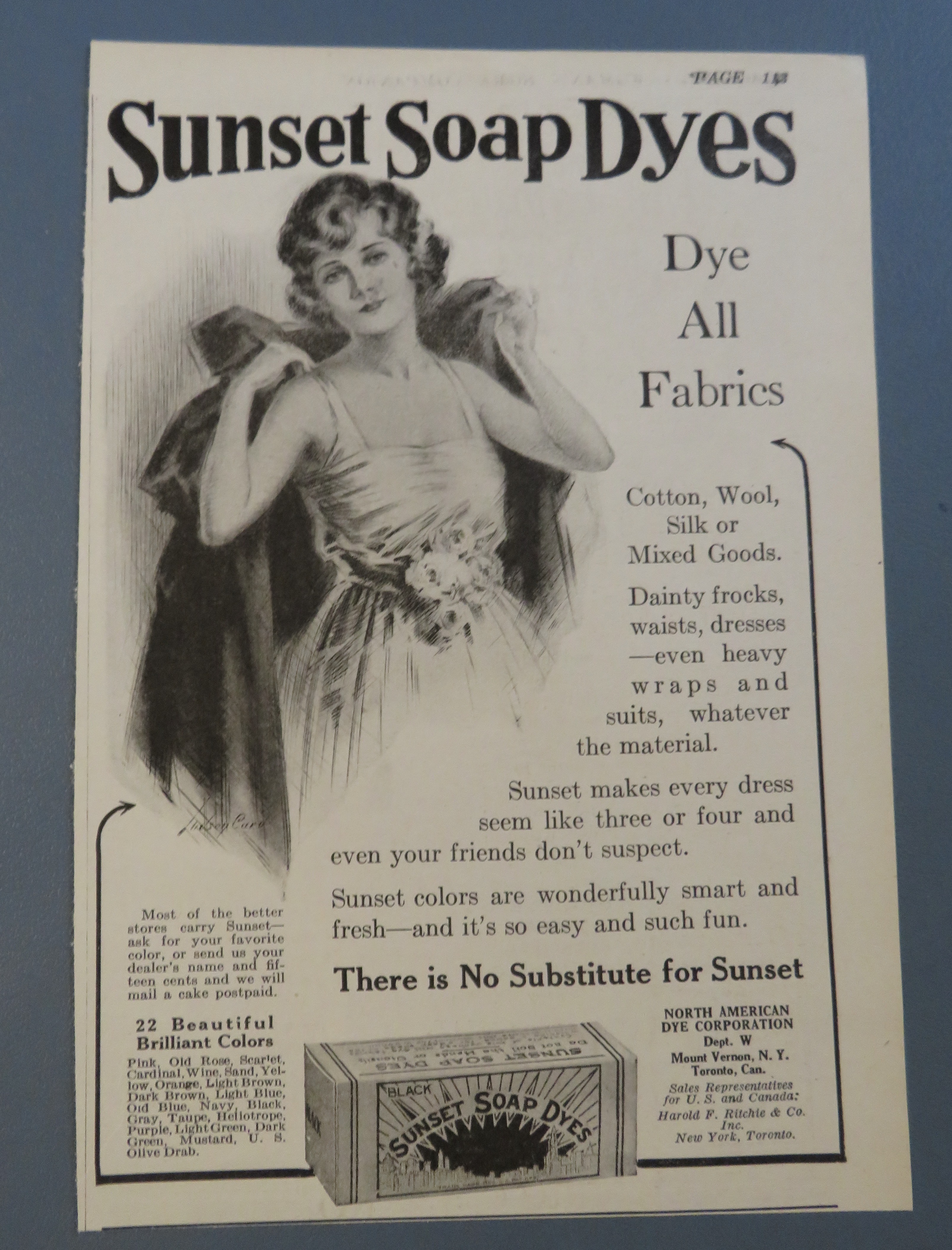 1920 Sunset Soap Dyes with Woman Putting On Her Coat