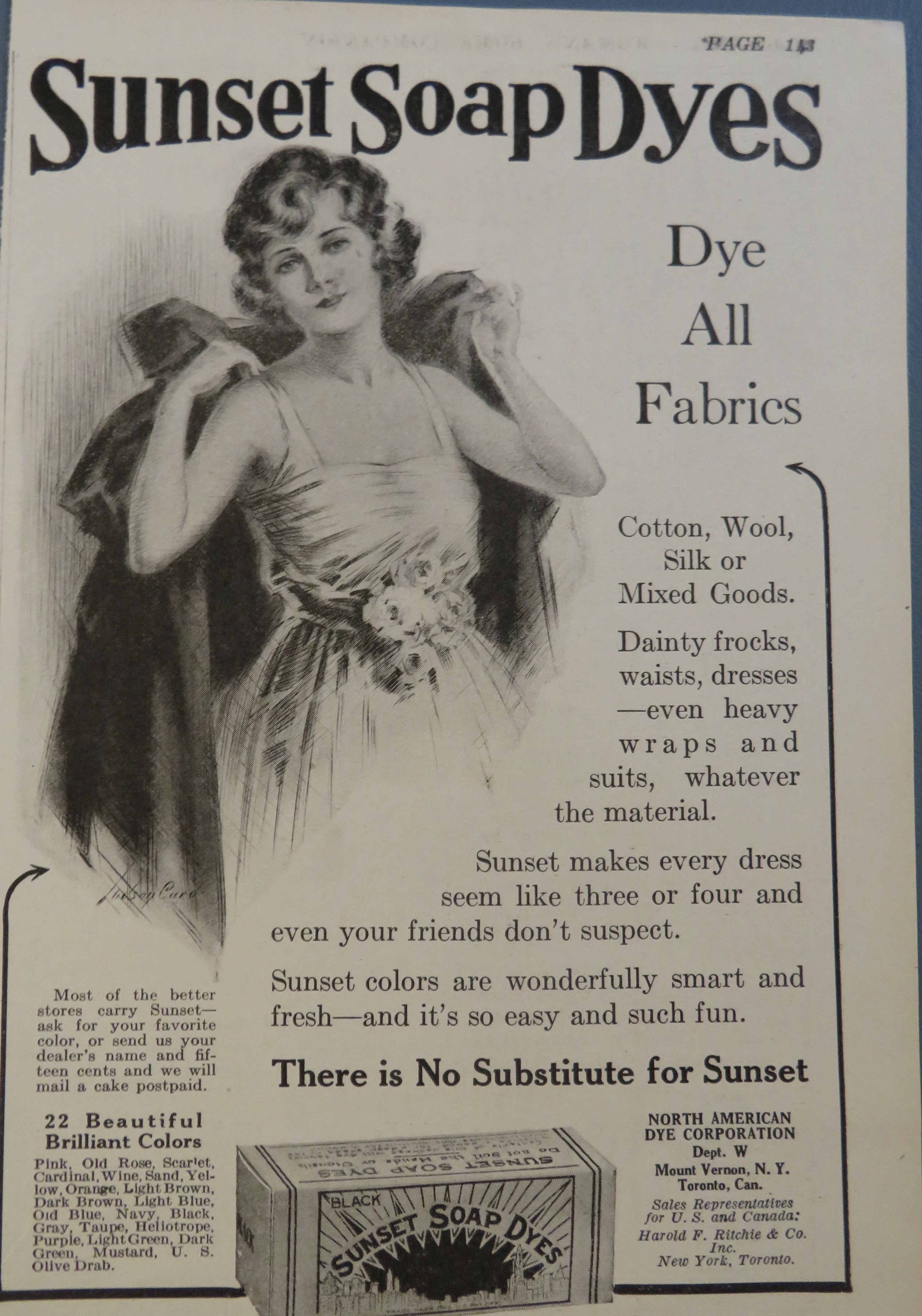 1920 Sunset Soap Dyes with Woman Putting On Her Coat