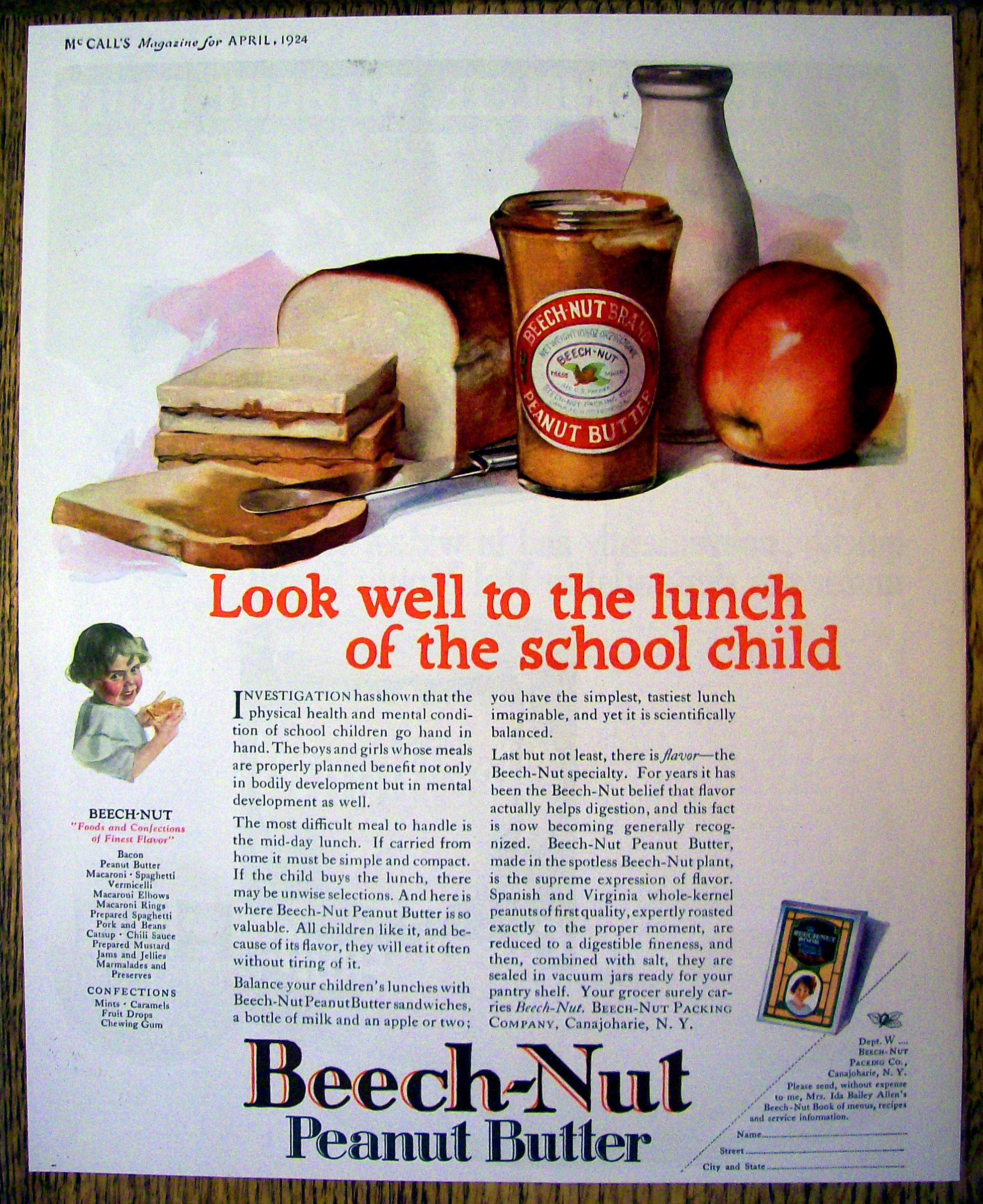 1924 Beech-Nut Peanut Butter w/ Sandwich, Milk & Apple