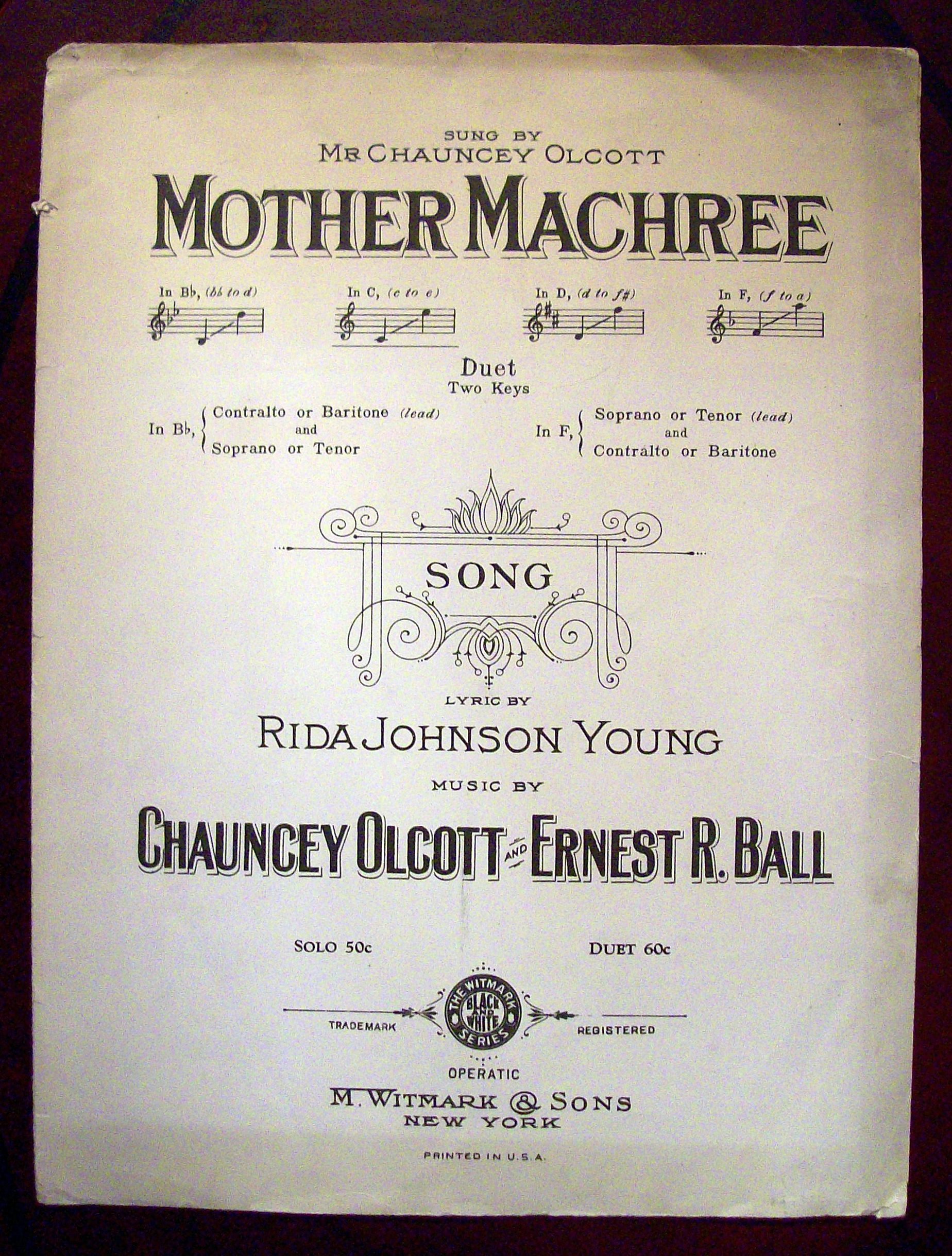Sheet Music of 1910 Mother Machree