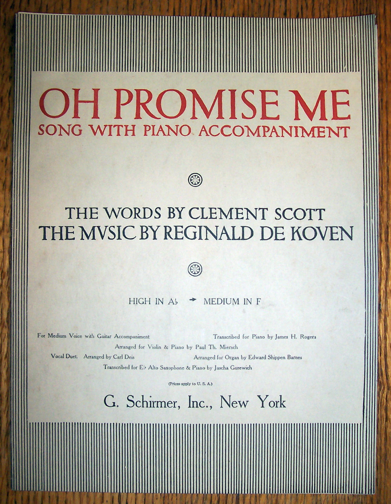 Sheet Music For 1917 Oh Promise Me