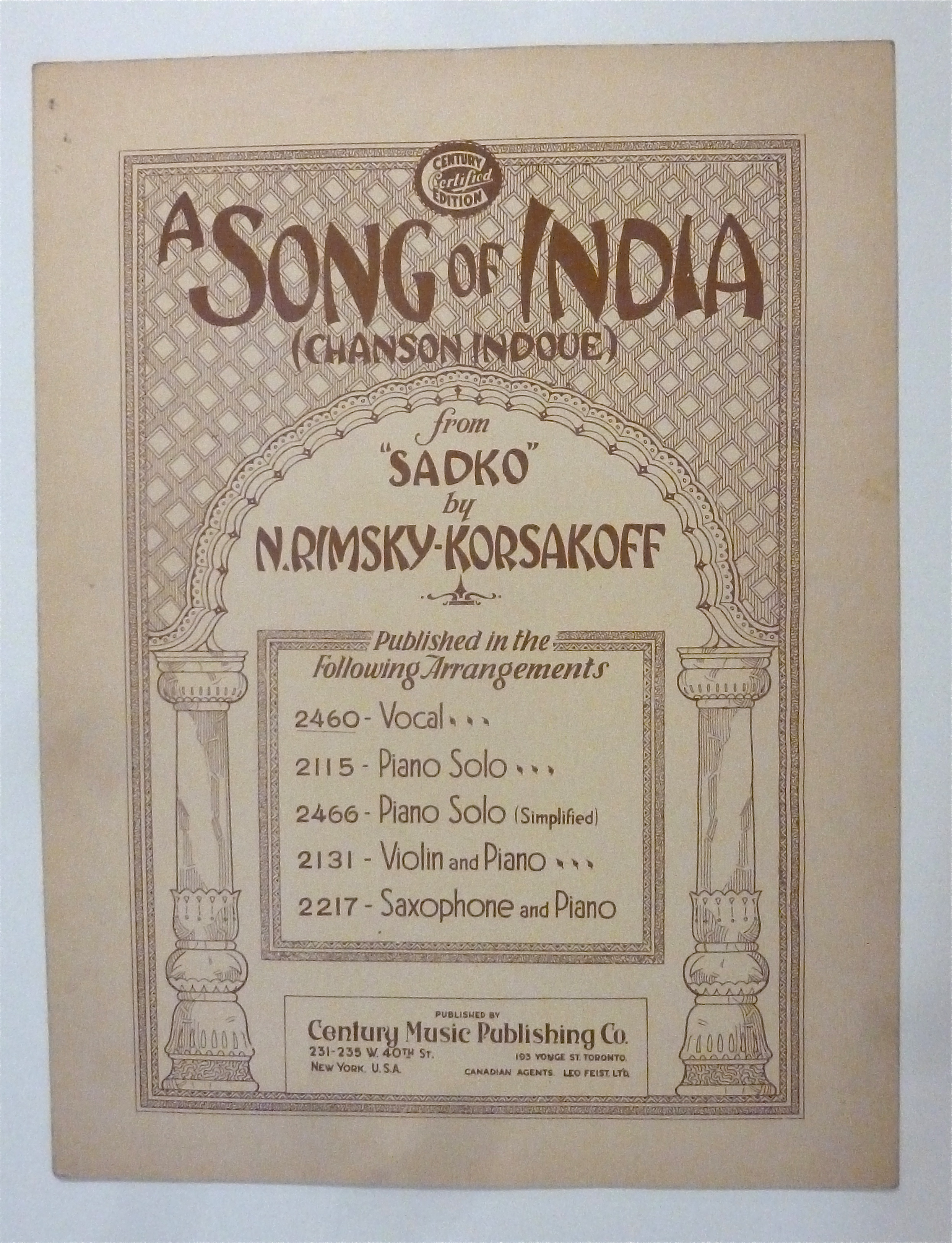 Sheet Music For 1927 A Song Of India (Chanson Indoue)