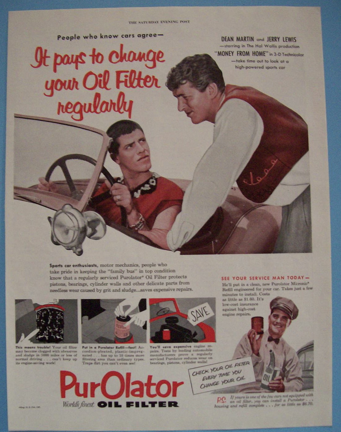 Vintage Ad: 1953 Purolator Oil Filter w/Martin & Lewis