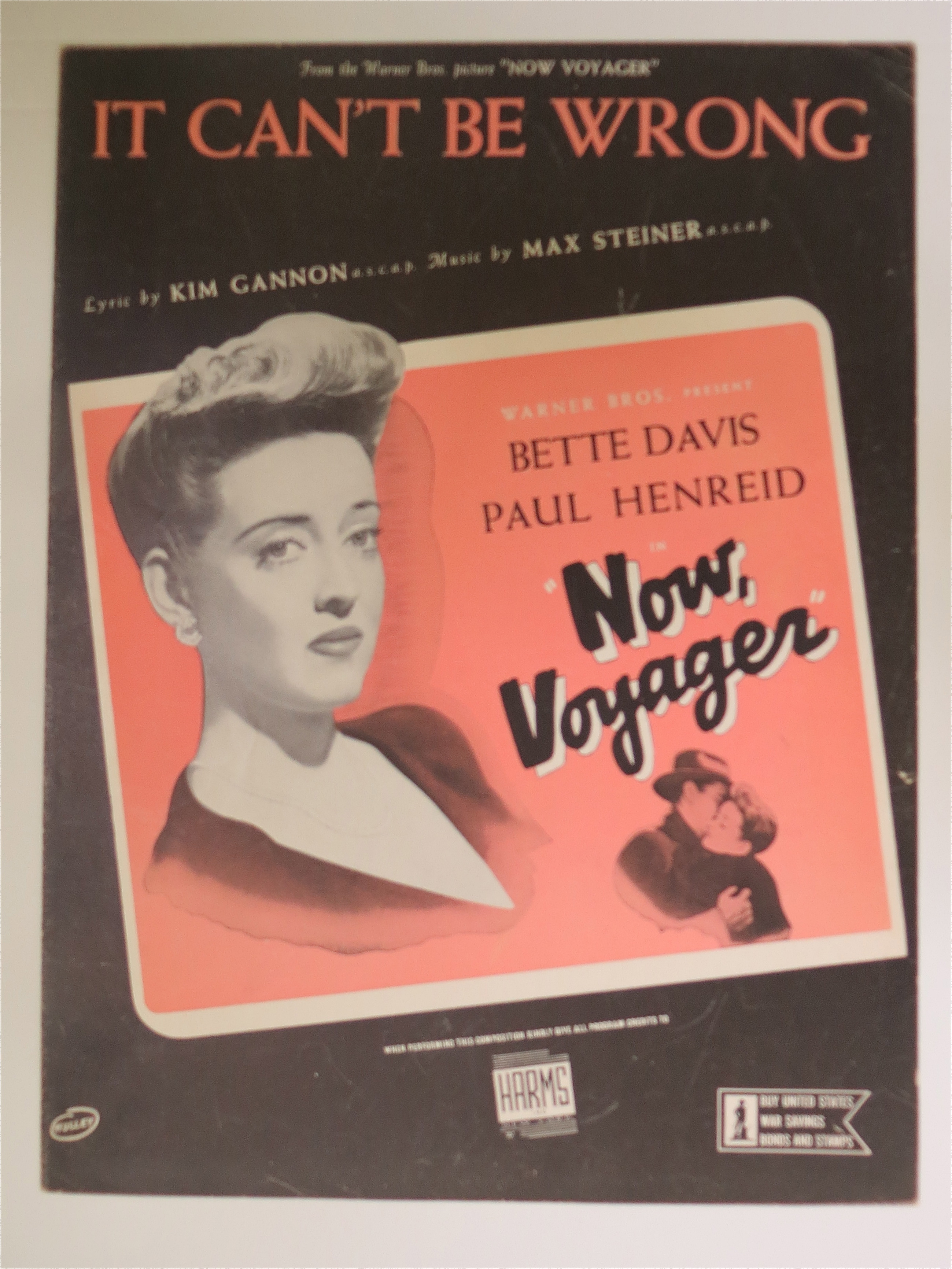 Sheet Music For 1942 It Can't Be Wrong w/Bette Davis