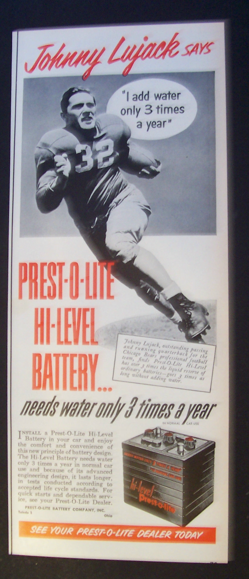 1951 Prest-O-Lite Battery w/Johnny Lujack (Chgo Bears)