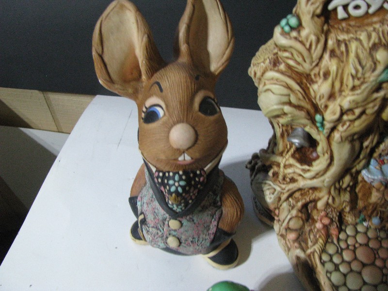 Vintage Hand-Painted Ceramic Rabbit and Toy Shop Figurine Set - 5 Pieces