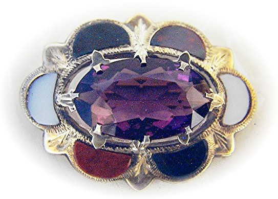 Sterling Silver Scottish Agate/Amethyst Brooc