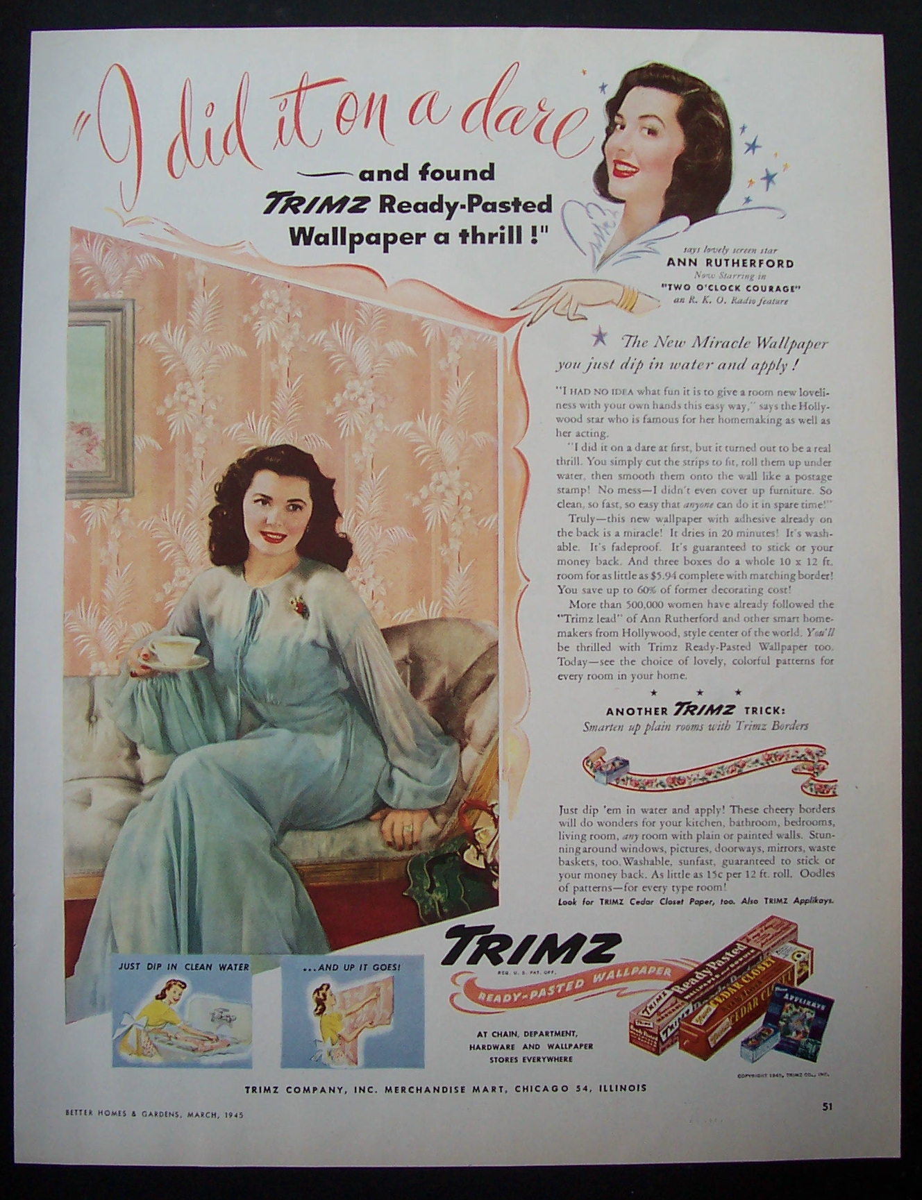 1945  Trimz Ready-Pasted Wallpaper w/ Ann Rutherford