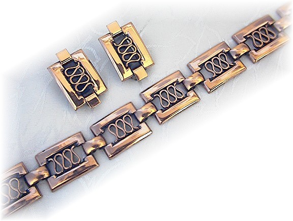 SignedRenior Copper Bracelet & Clip Earrings