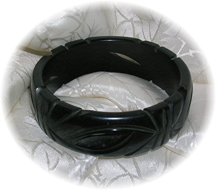 Bakelite Carved Black Bangle Bracelet 7/8 inch Wide