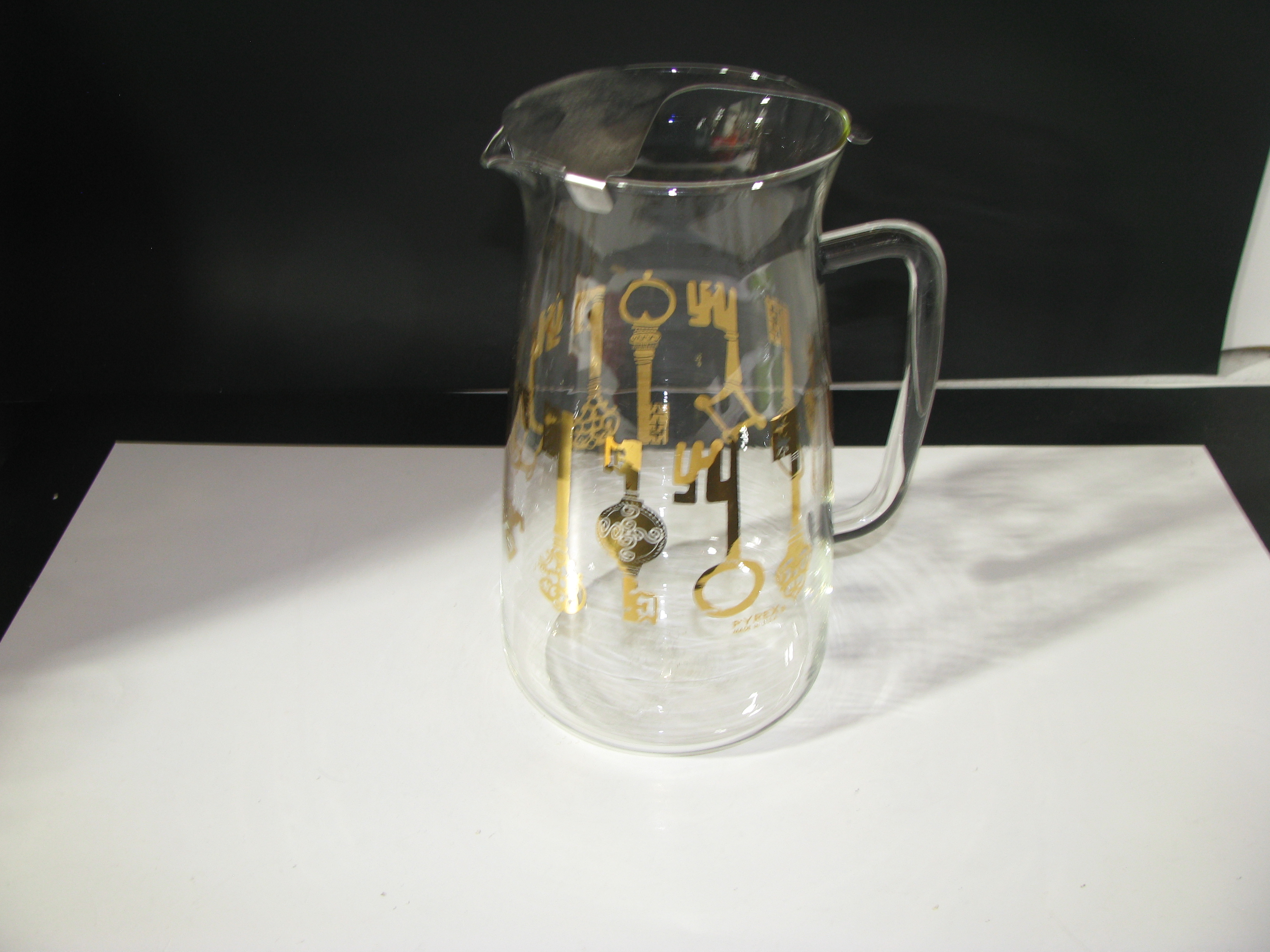Vintage Pyrex Glass Pitcher with Gold Keys Design