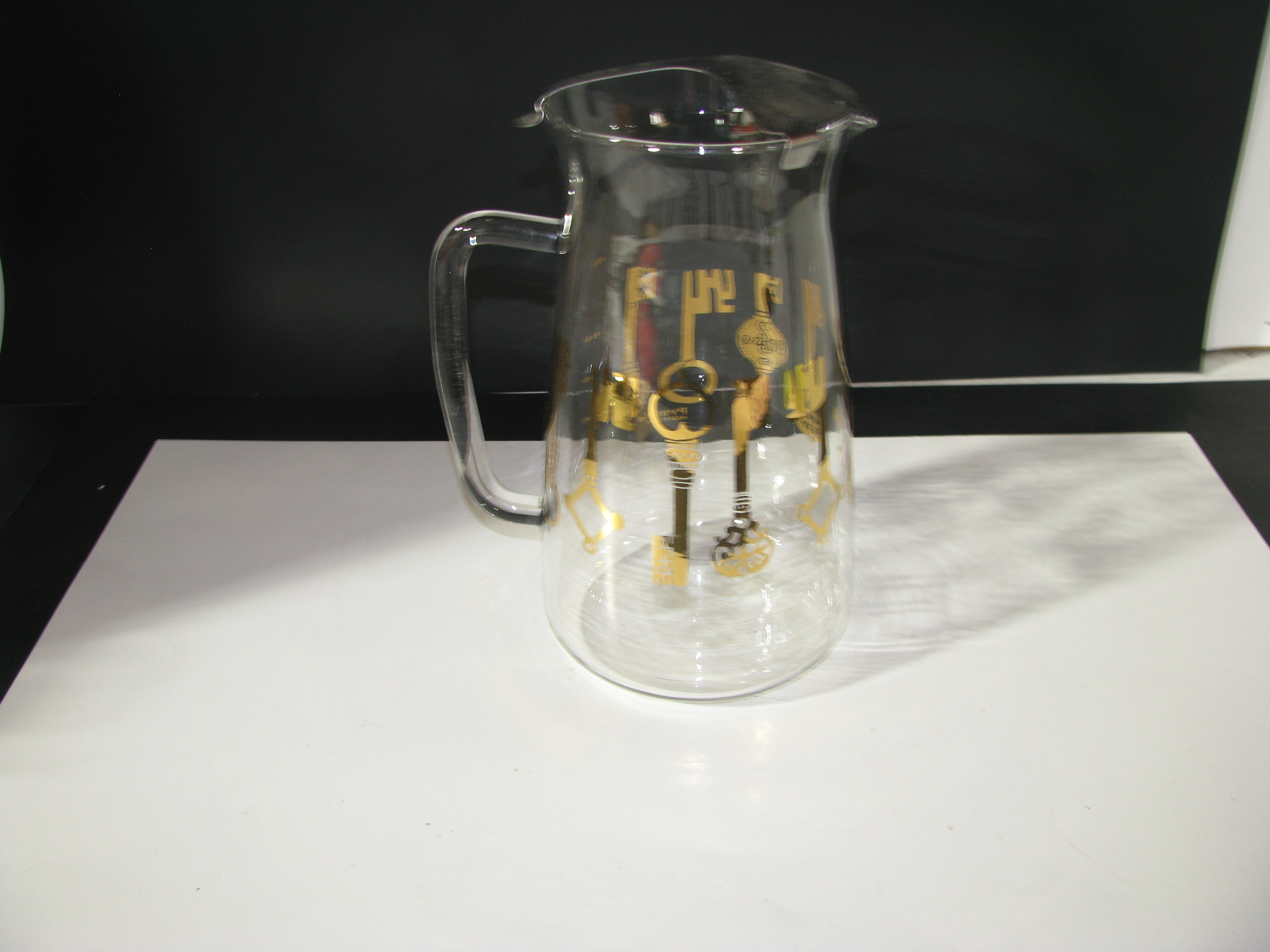 Vintage Pyrex Glass Pitcher with Gold Keys Design