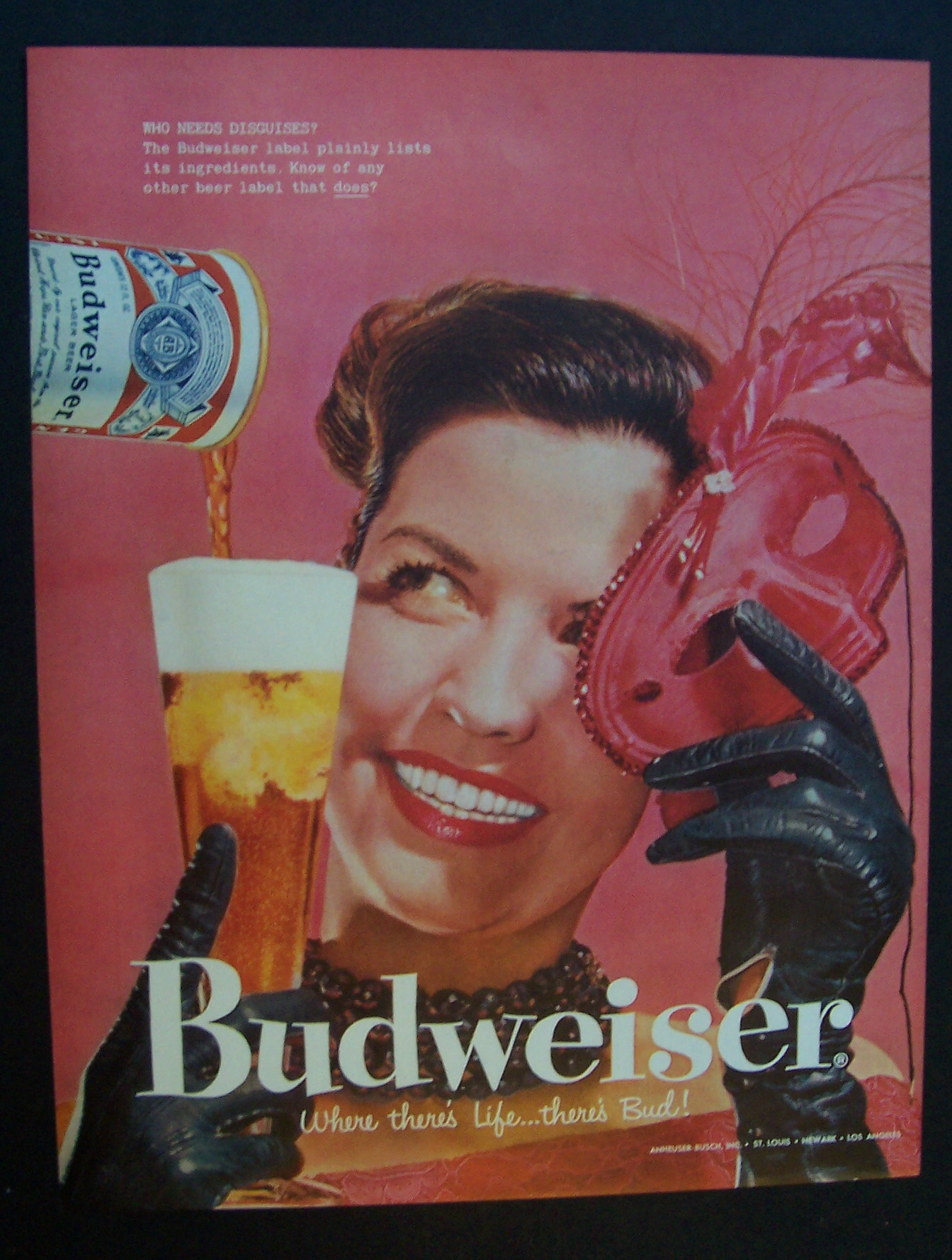 1958 Budweiser Beer with Woman Holding a Mask