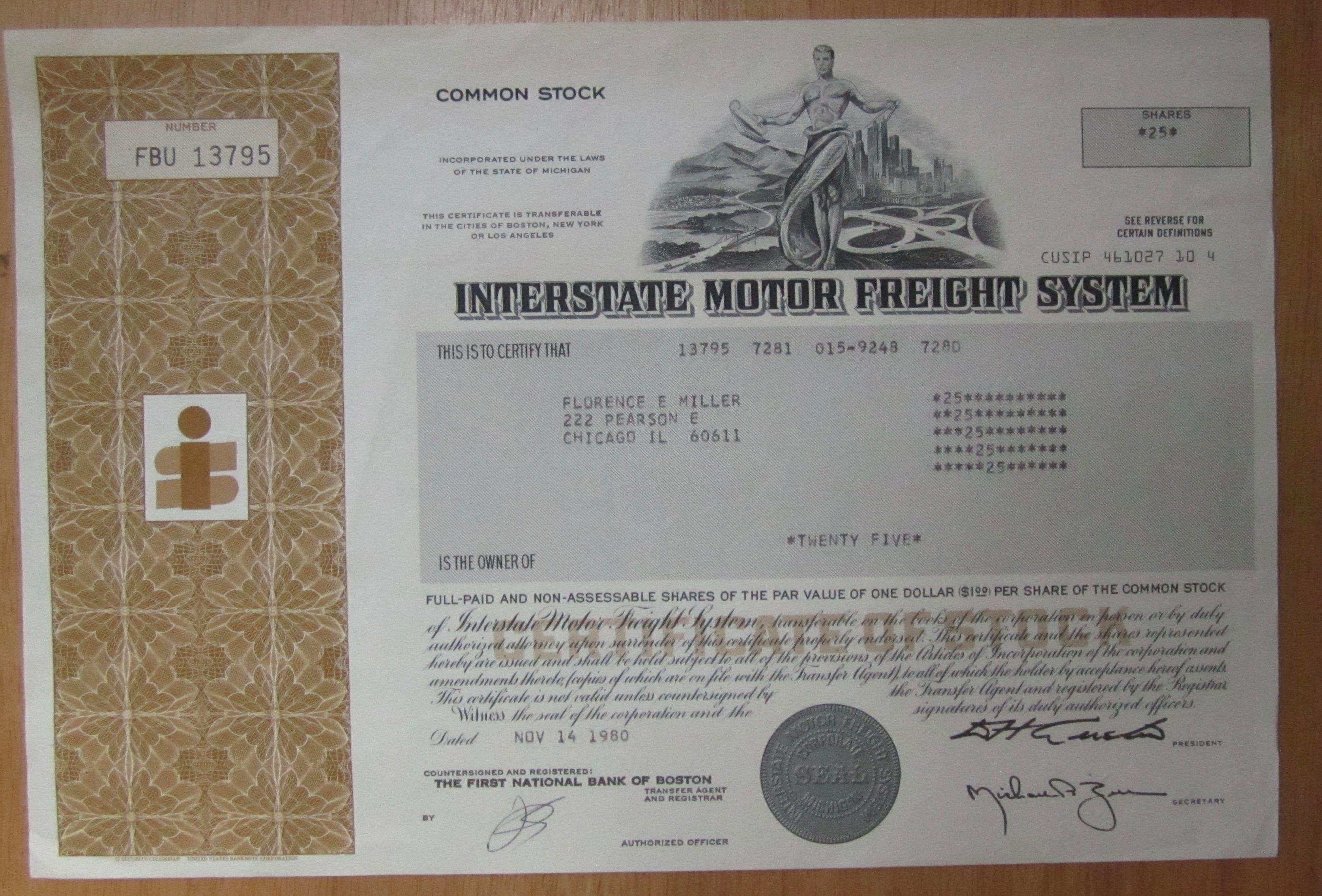1980 Interstate Motor Freight System Stock Certificate