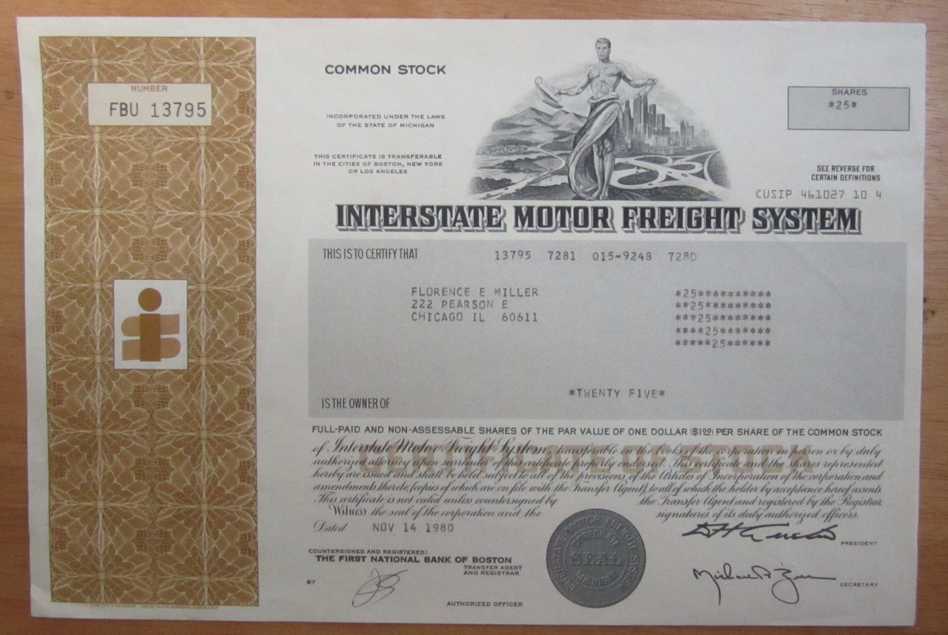 1980 Interstate Motor Freight System Stock Certificate