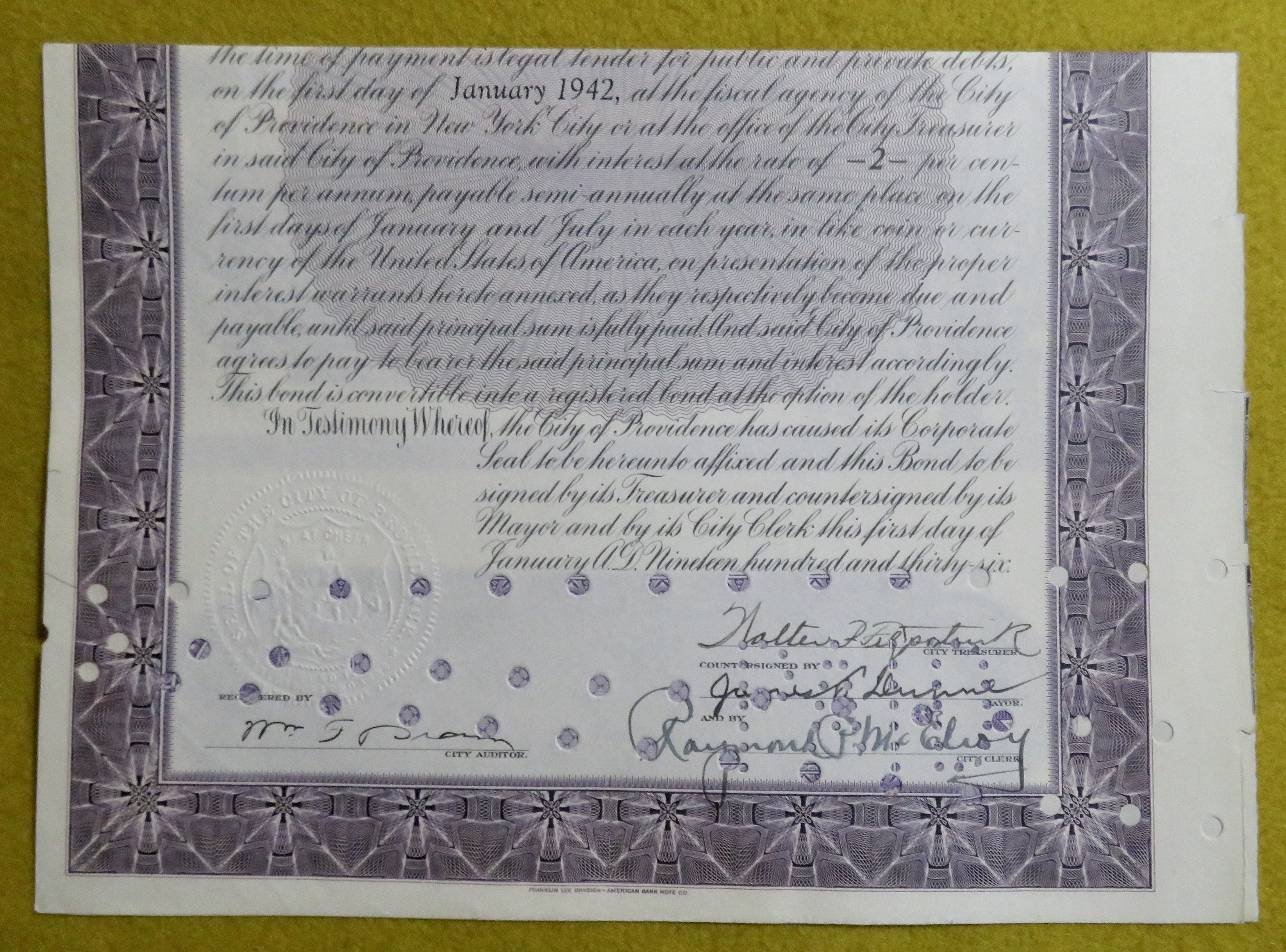 City Of Providence Stock Certificate January 1, 1942