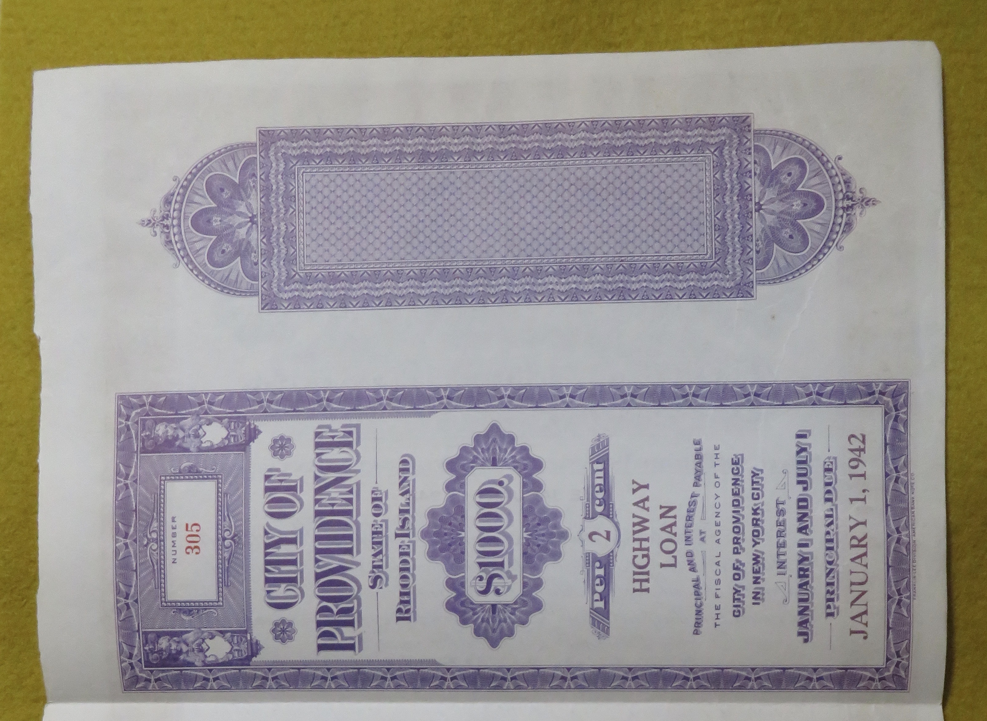 City Of Providence Stock Certificate January 1, 1942