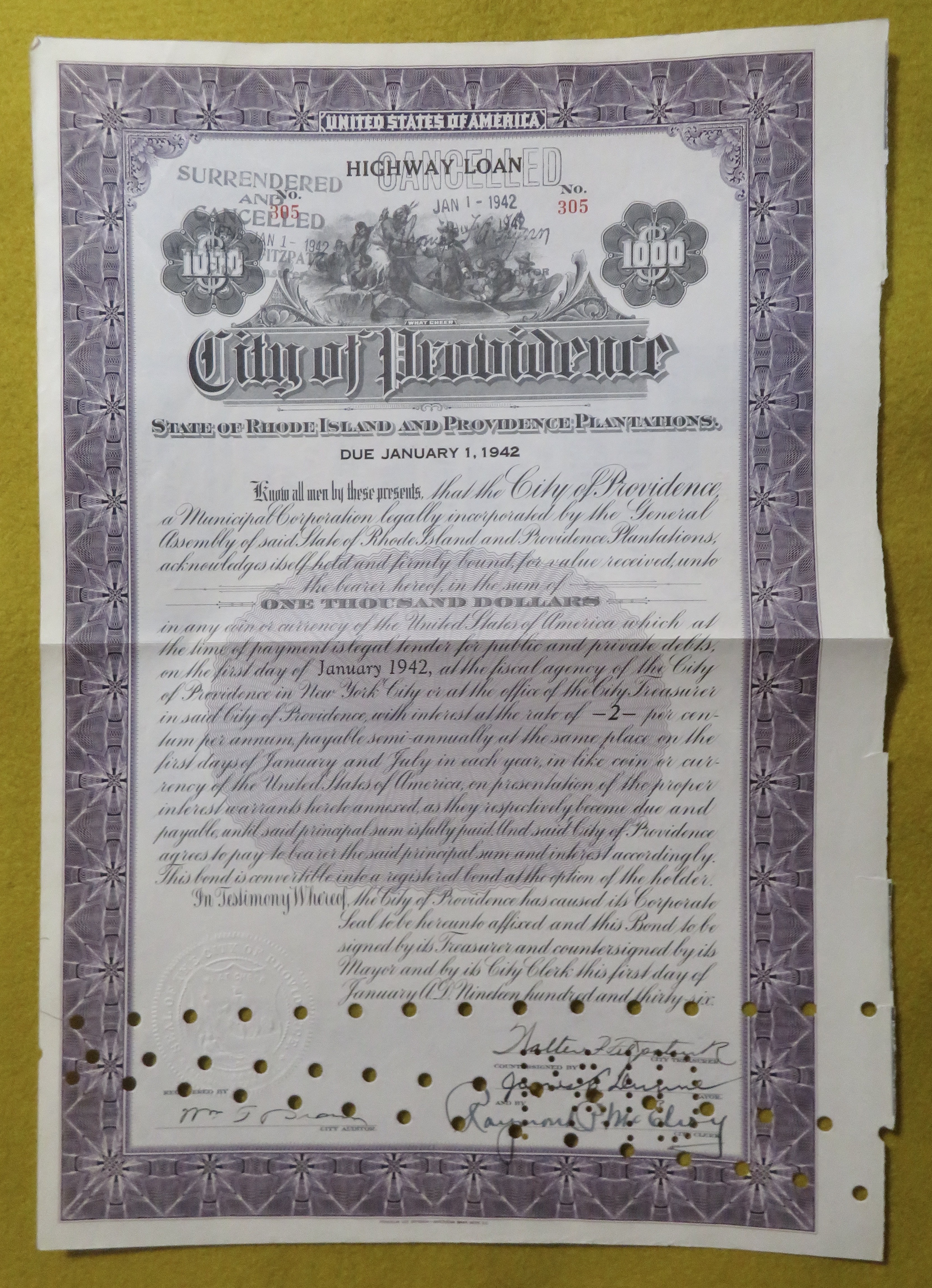 City Of Providence Stock Certificate January 1, 1942