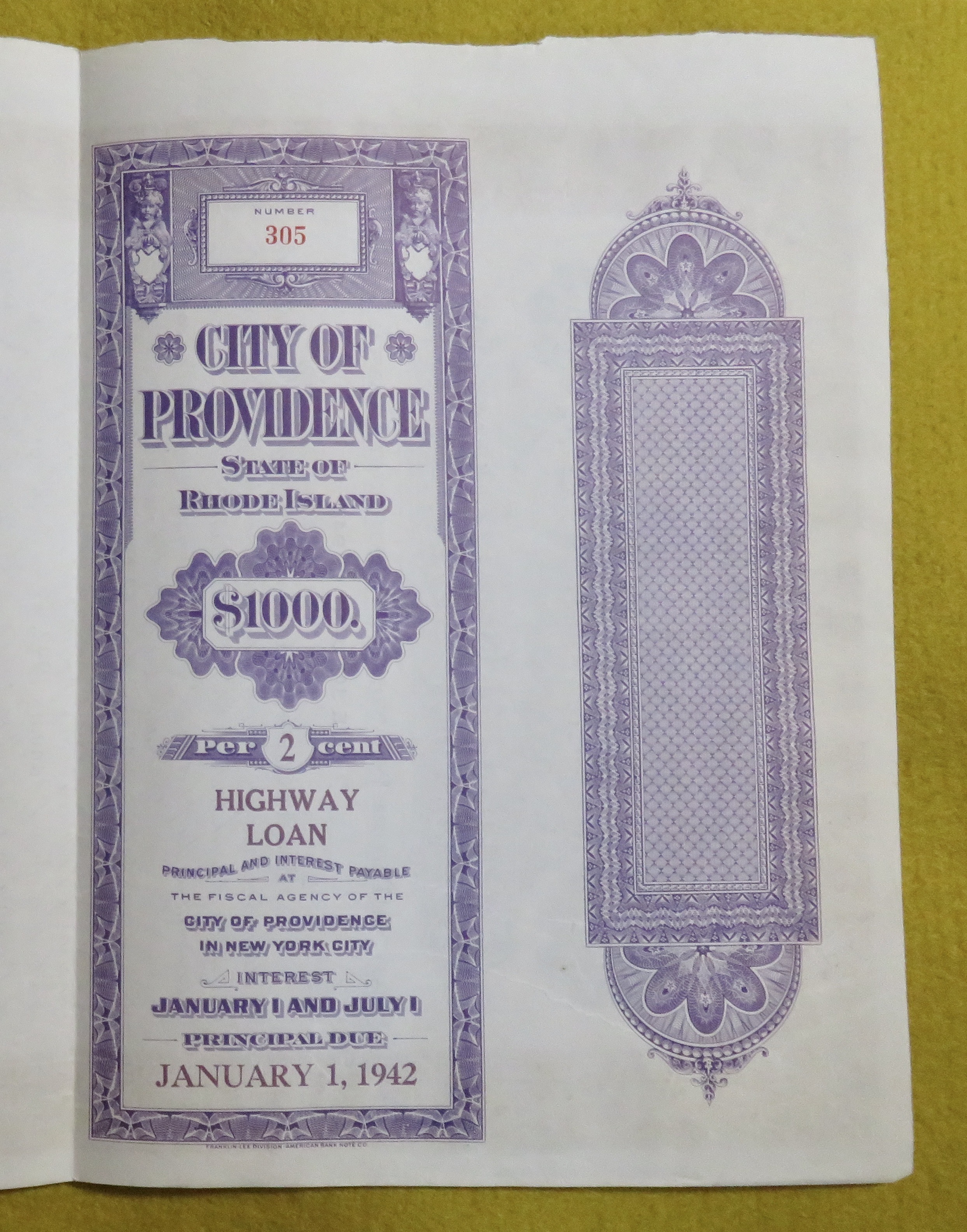 City Of Providence Stock Certificate January 1, 1942