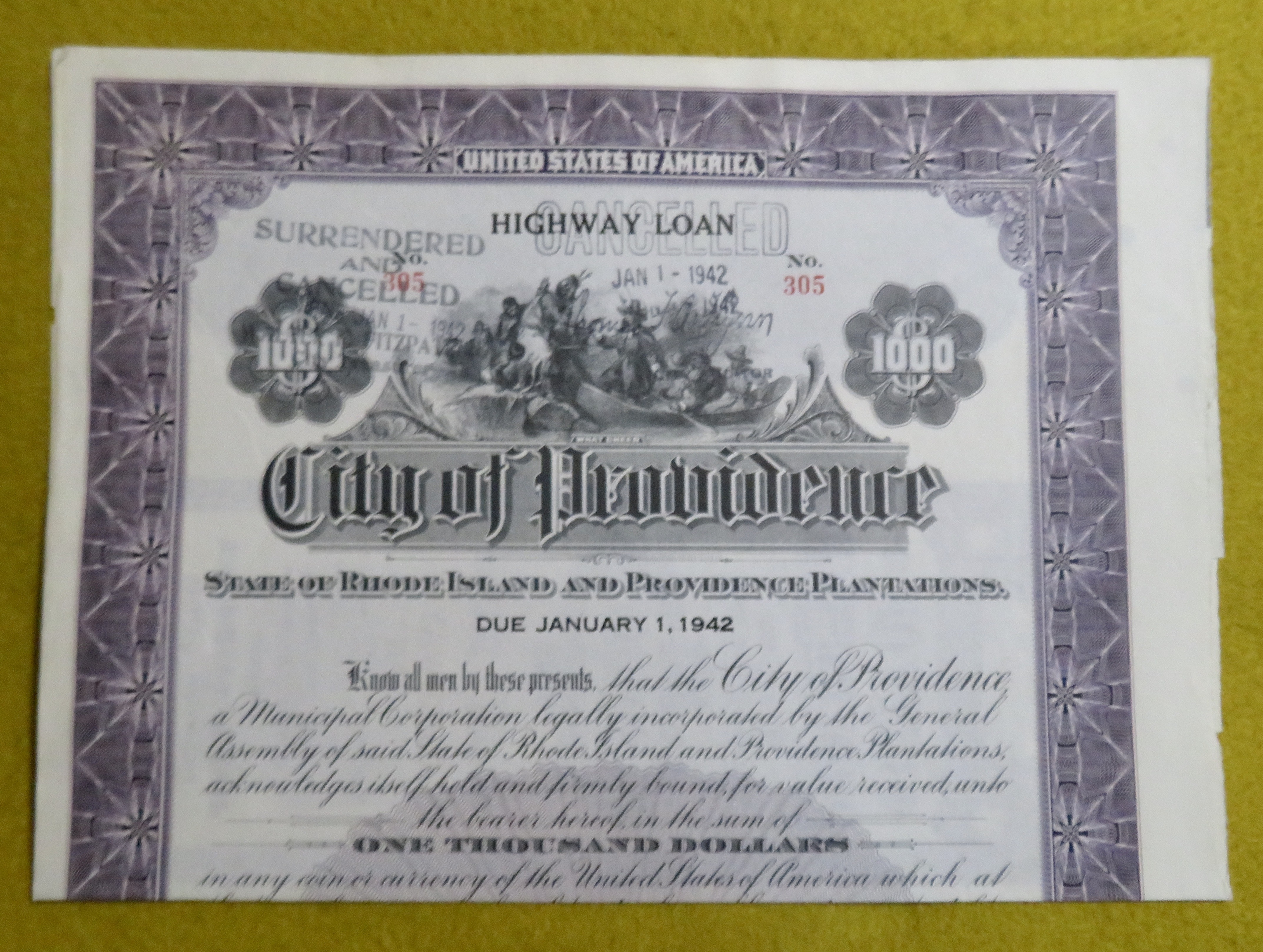 City Of Providence Stock Certificate January 1, 1942