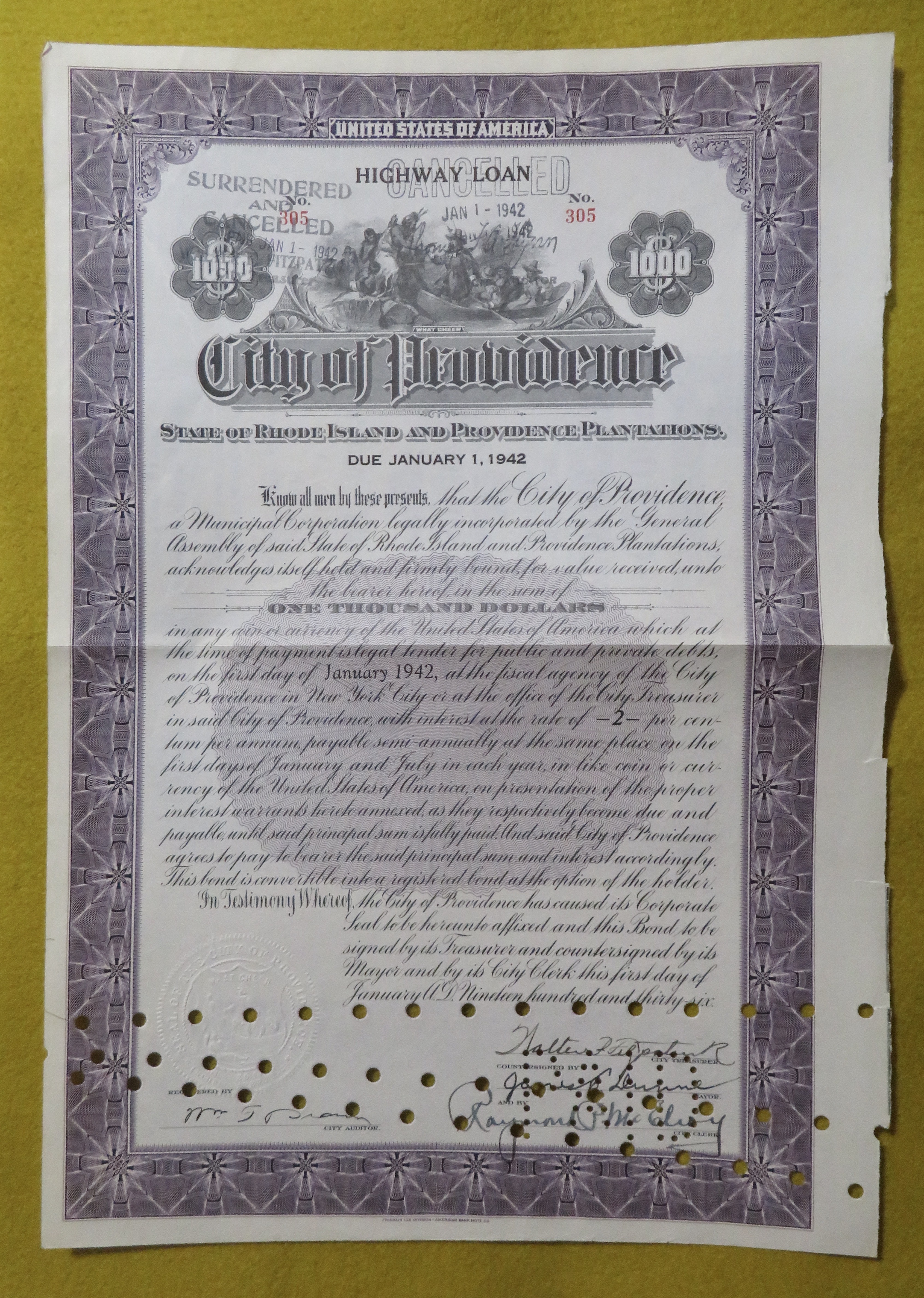 City Of Providence Stock Certificate January 1, 1942