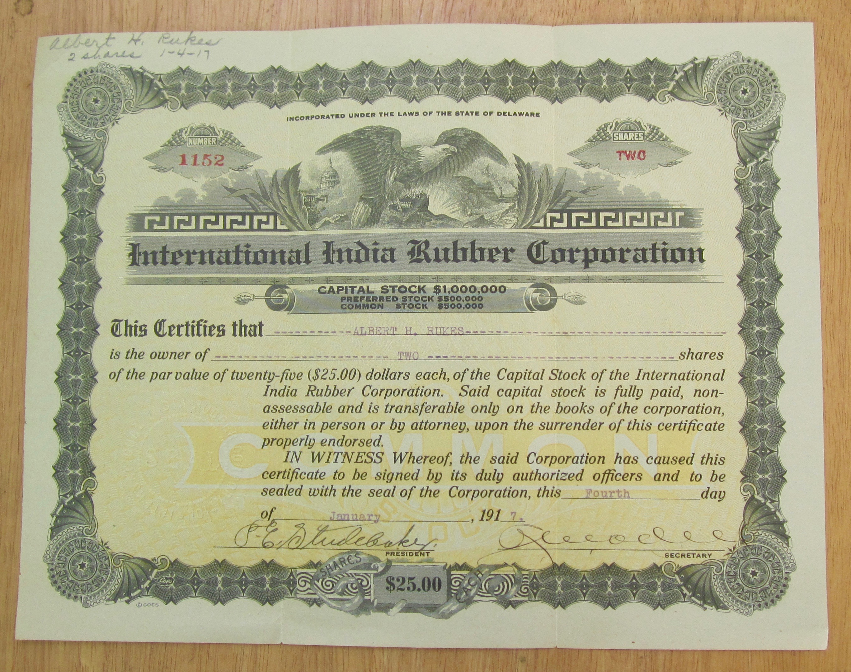 1917 International India Rubber Co Stock Certificate