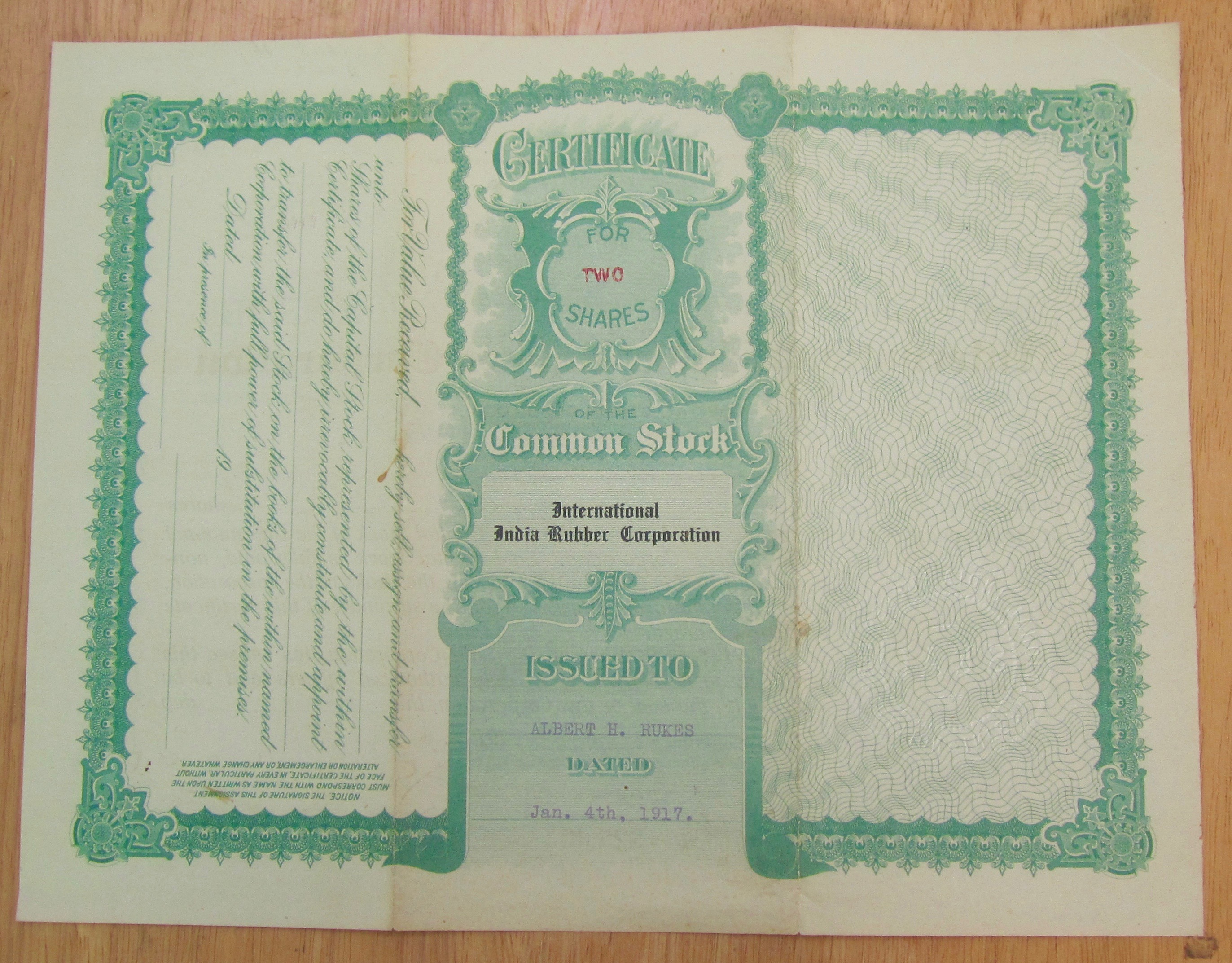 1917 International India Rubber Co Stock Certificate