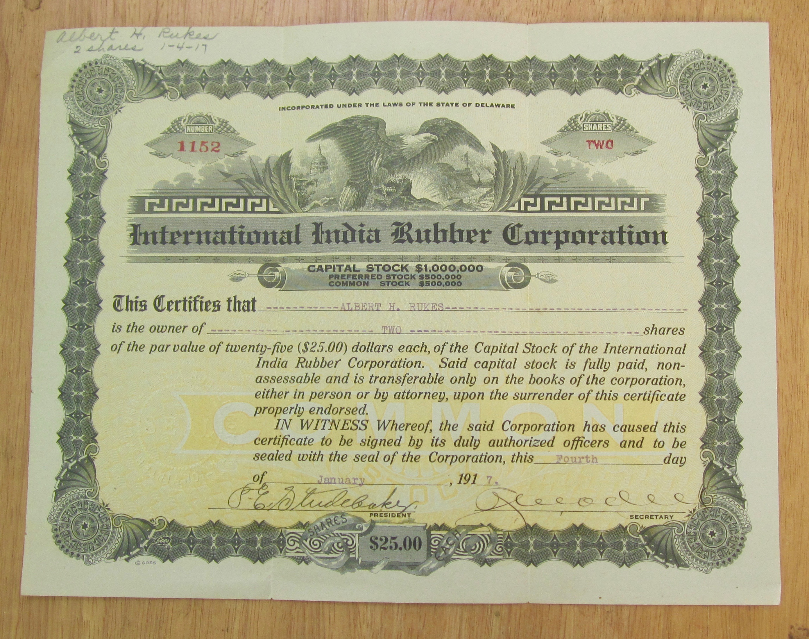1917 International India Rubber Co Stock Certificate