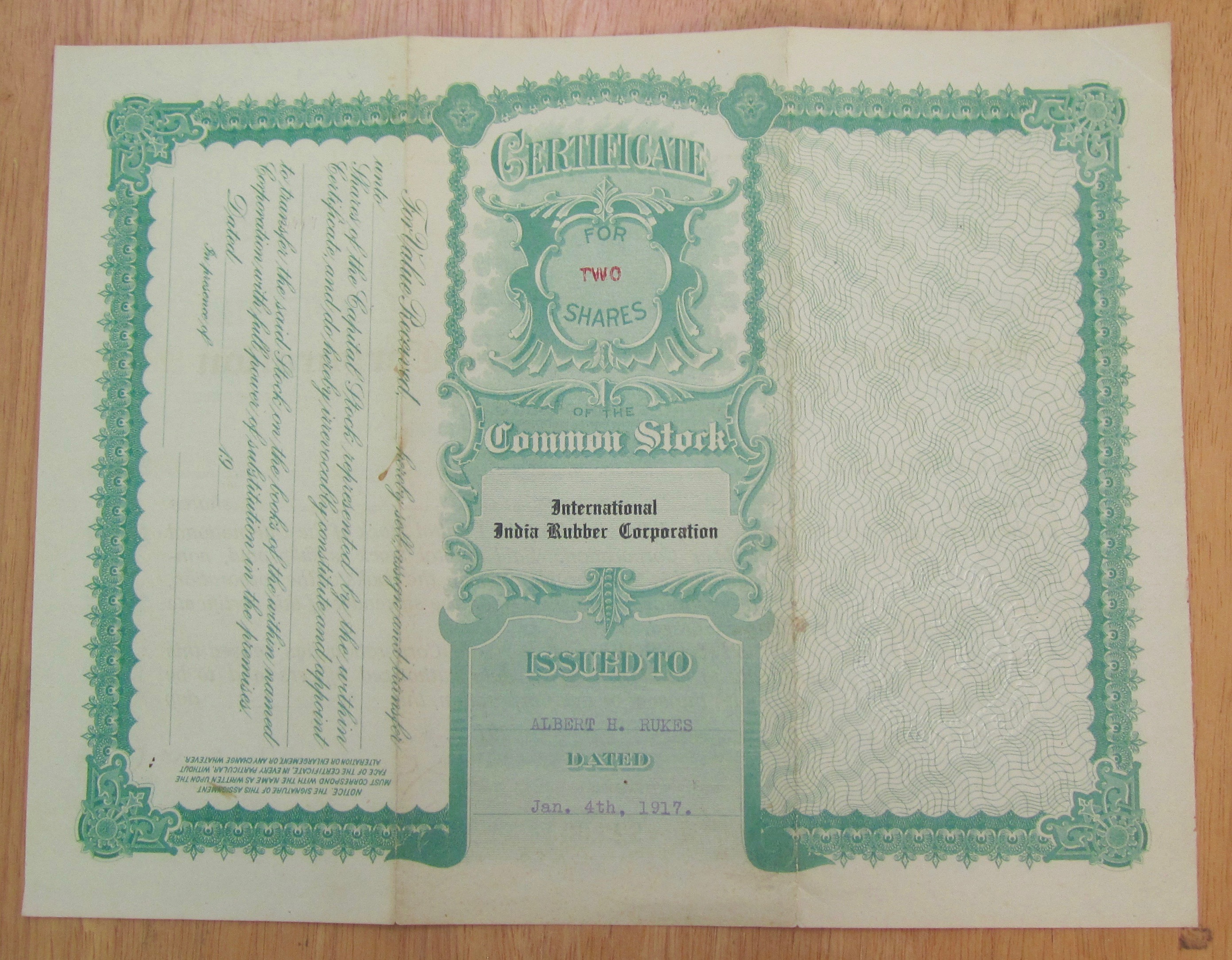 1917 International India Rubber Co Stock Certificate