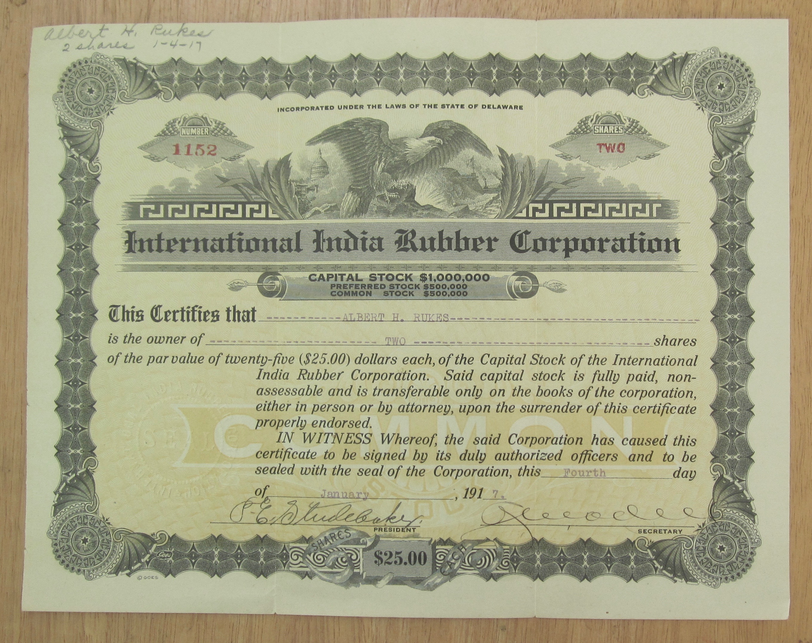 1917 International India Rubber Co Stock Certificate