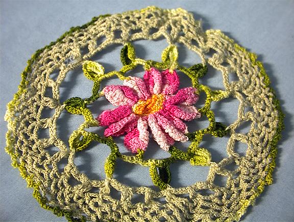 Hand Crocheted Red Flower Doiley.